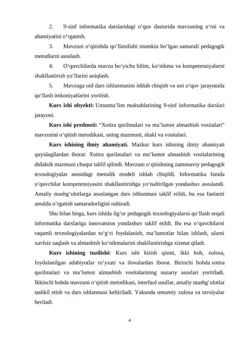 Xotira qurilmalari va ma’lumot almashish vositalari o‘qitish metodikasi 4