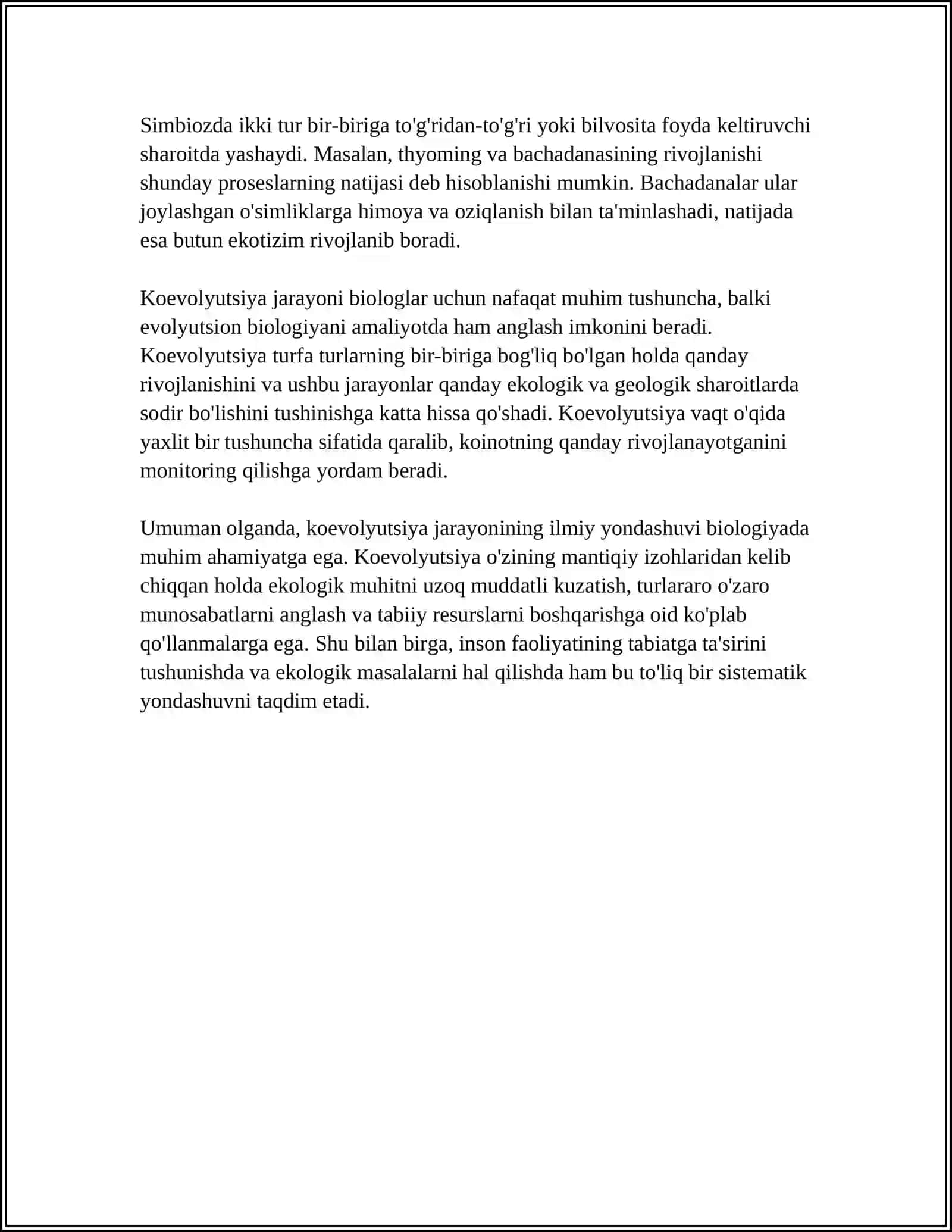 ''KOEVOLUTSIYA VA ENVIRONMENTALIZM DIALEKTIKASI'' HAQIDA ESSE TAYYORLASH 4