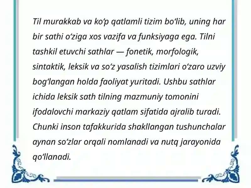 Hozirgi o'zbek adabiy tilidagi leksik sath va uning birlikligi lingvistik muammo sifatida 4