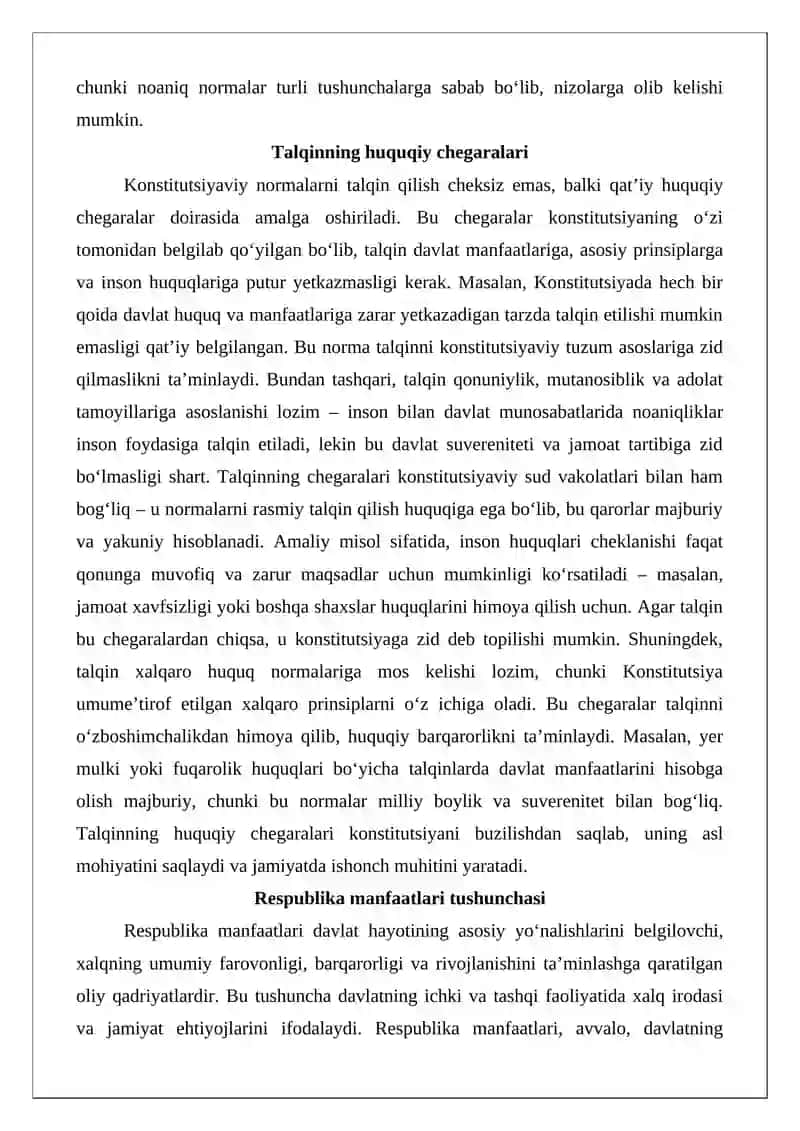 Konstitutsiya normalarining Respublika manfaatlariga zid tarzda talqin qilinishiga yo‘l qo‘yilmasligi 4
