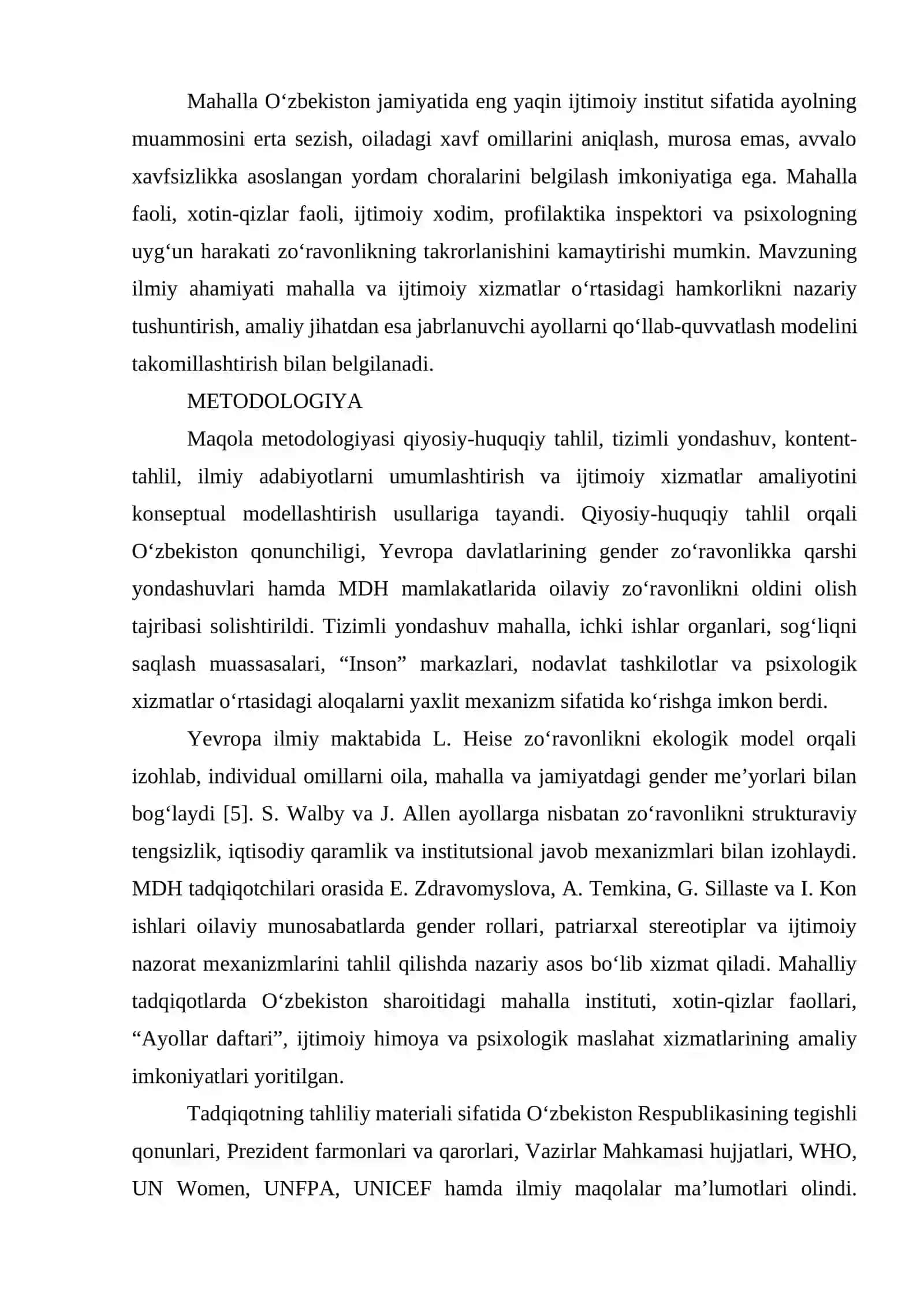 OILAVIY ZO‘RAVONLIKKA UCHRAGAN AYOLLARNI QO‘LLAB-QUVVATLASHDA MAHALLA VA IJTIMOIY XIZMATLARNING O‘RNI 4