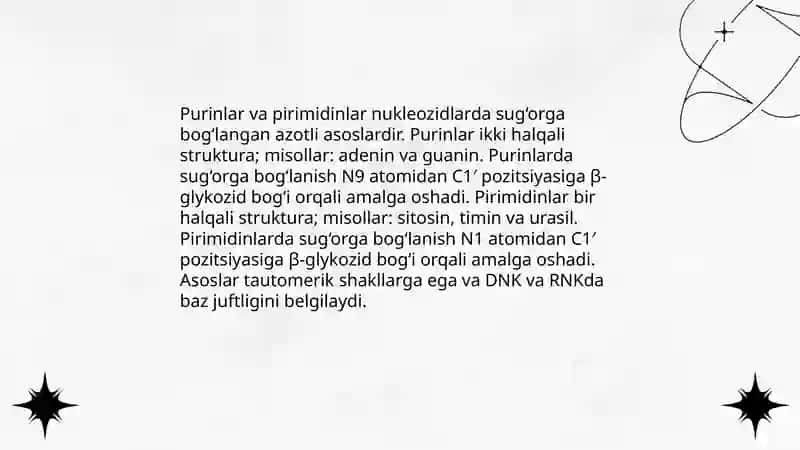 Nukleozidlar. Nukleotidlar. Nukleozidlarning mono- va polifosfatlari. Nukleozidsiklofosfatlar. Nuklein kislotalar tuzilishi. Nuklein kislotalarning birlamchi va fazoviy tuzilishlari 4