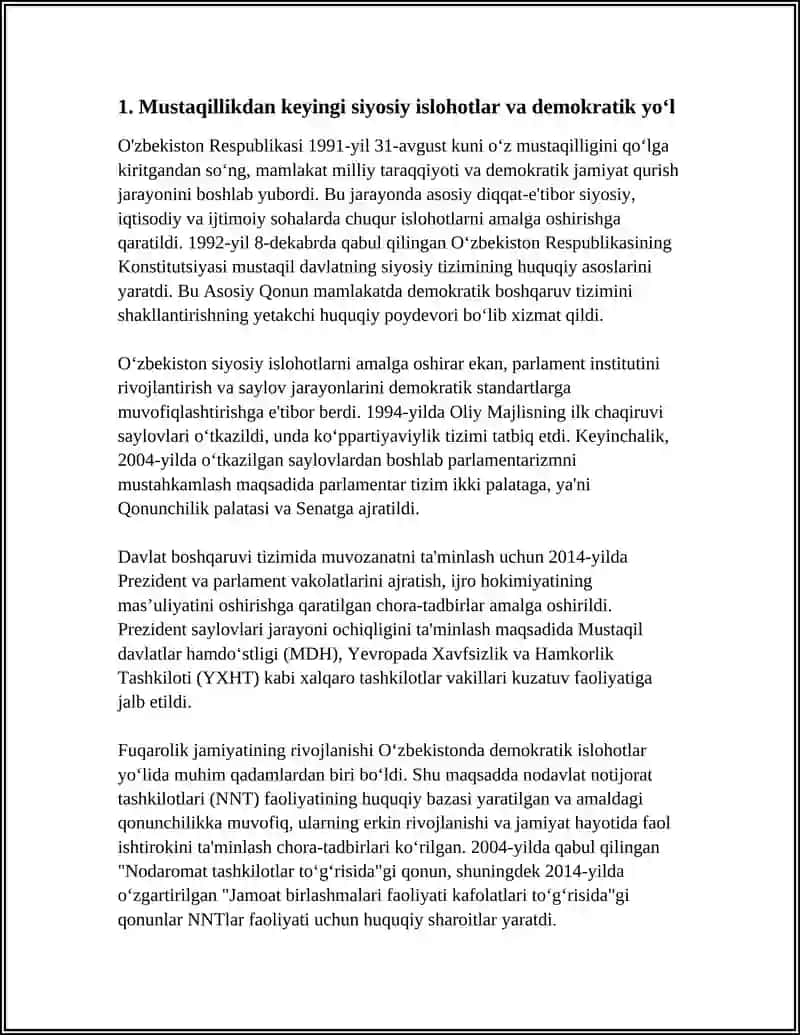 O‘ZBEKISTONDA DEMOKRATIK, FUQAROLIK JAMIYATI ASOSLARINING SHAKILLANISHI, AMALGA OSHIRILGAN SIYOSIY ISLOHOTLAR 4