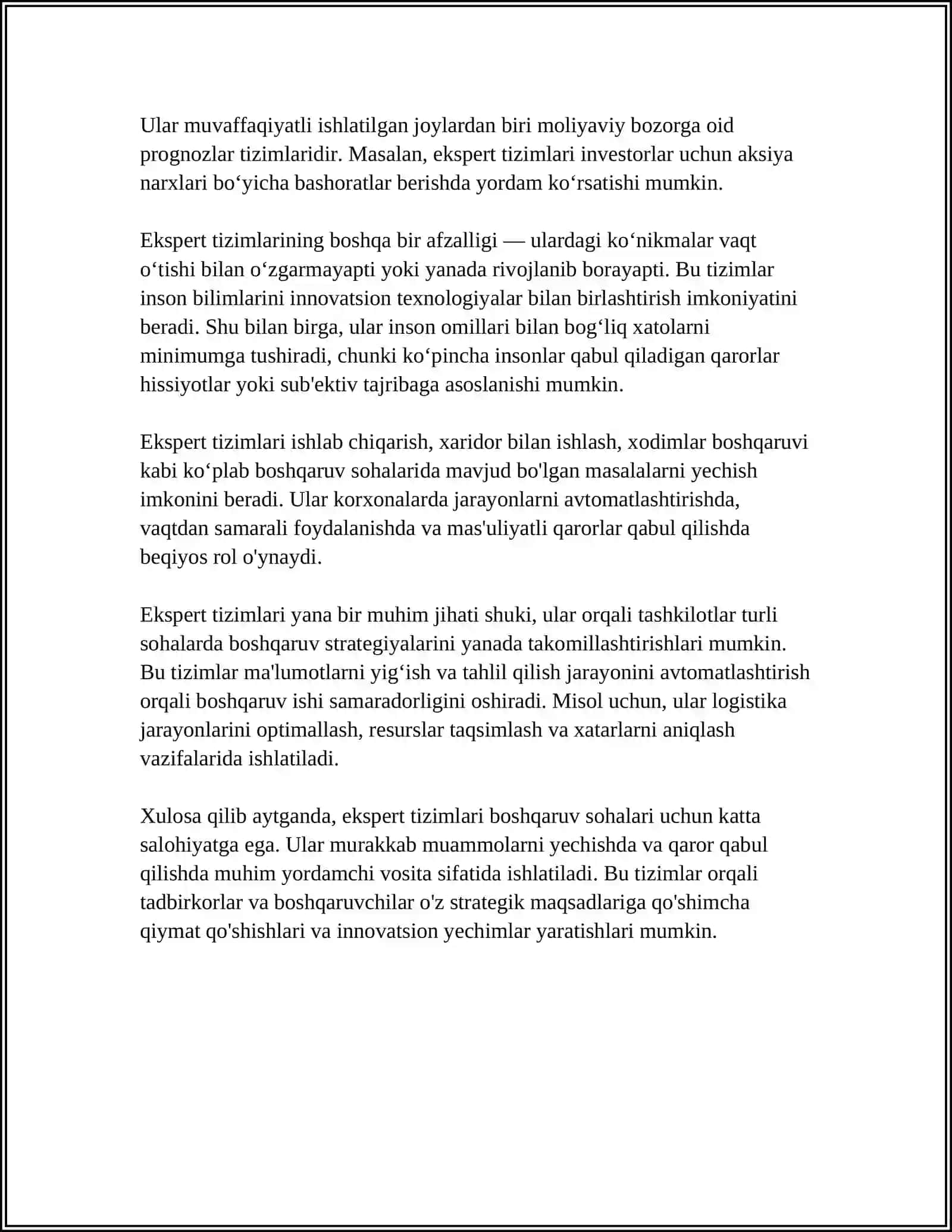 EKSPERT TIZIMLARINI BOSHQARUVDAGI O'RNI VA ULARNI IQTISODIYOT TARMOQLARIDA QO'LLANILISHI 4