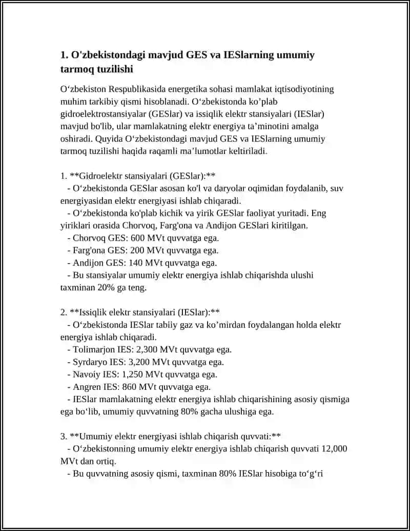 O'ZBEKISTONDAGI MAVJUD STANSIYA GES VA IES LAR YONIDA TUSHUNCHA 4