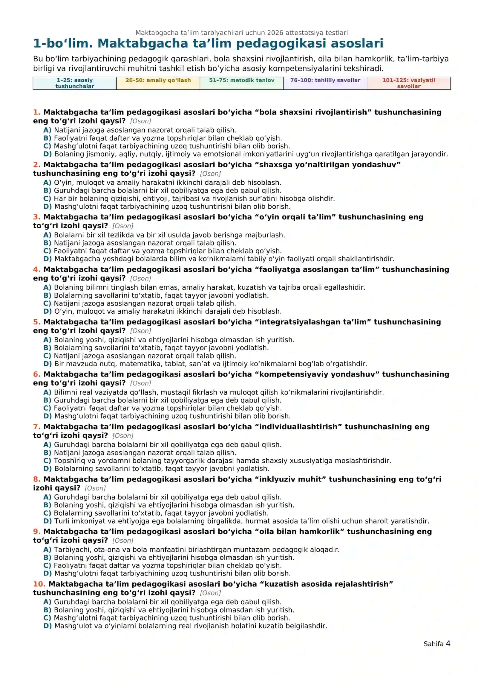 Maktabgacha ta’lim tarbiyachilari uchun 2026 attestatsiya testlari 4