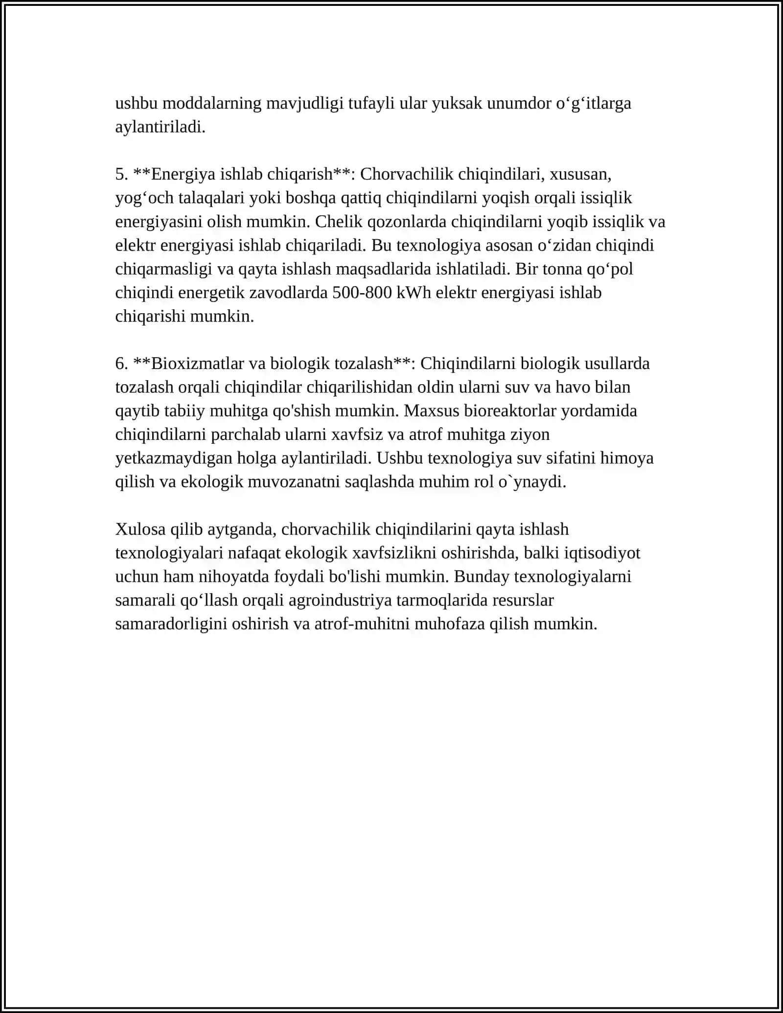 CHORVACHILIK MAHSULOTLARINI CHIQINDISIZ QAYTA ISHLASHNI RIVOJLANTIRISH MUAMMOLARI VA ISTIQBOLLARI 4