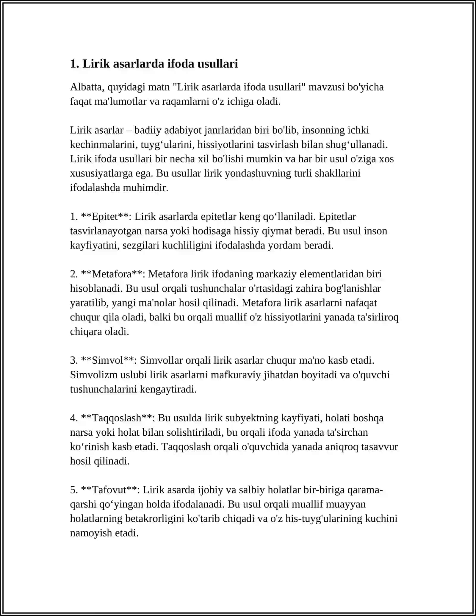 BOSHLANG'ICH SINFDA LIRIK ASARLAR ISHLASH UCHUN METODIK TAVSIYALAR ISHLAB CHIQISH 3-4 SINFLAR UCHUN 4