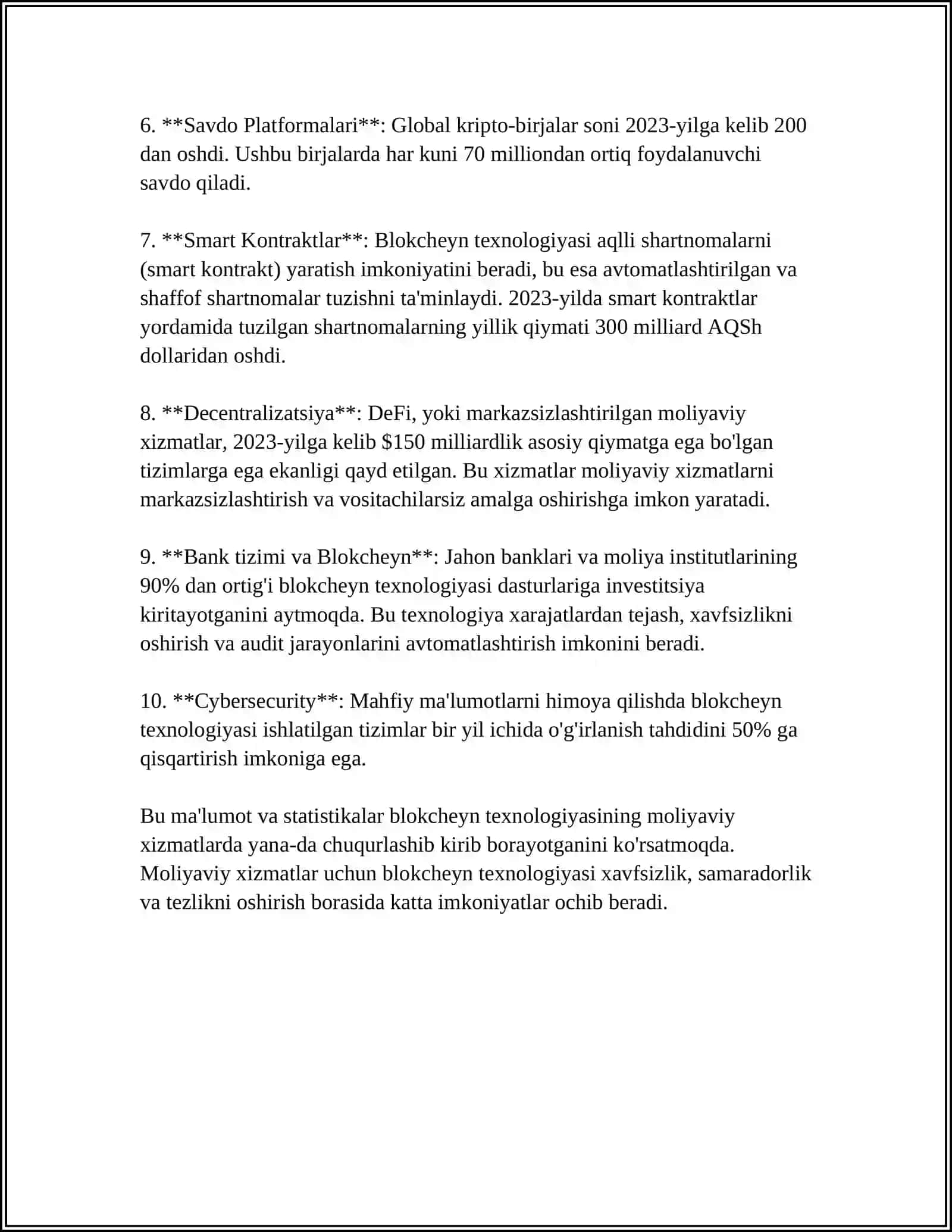 BLOKCHEYN TEXNOLOGIYASIDAN TURLI TARMOQ SOHALARIDA FOYDALANISH XUSUSIYATLARI 4