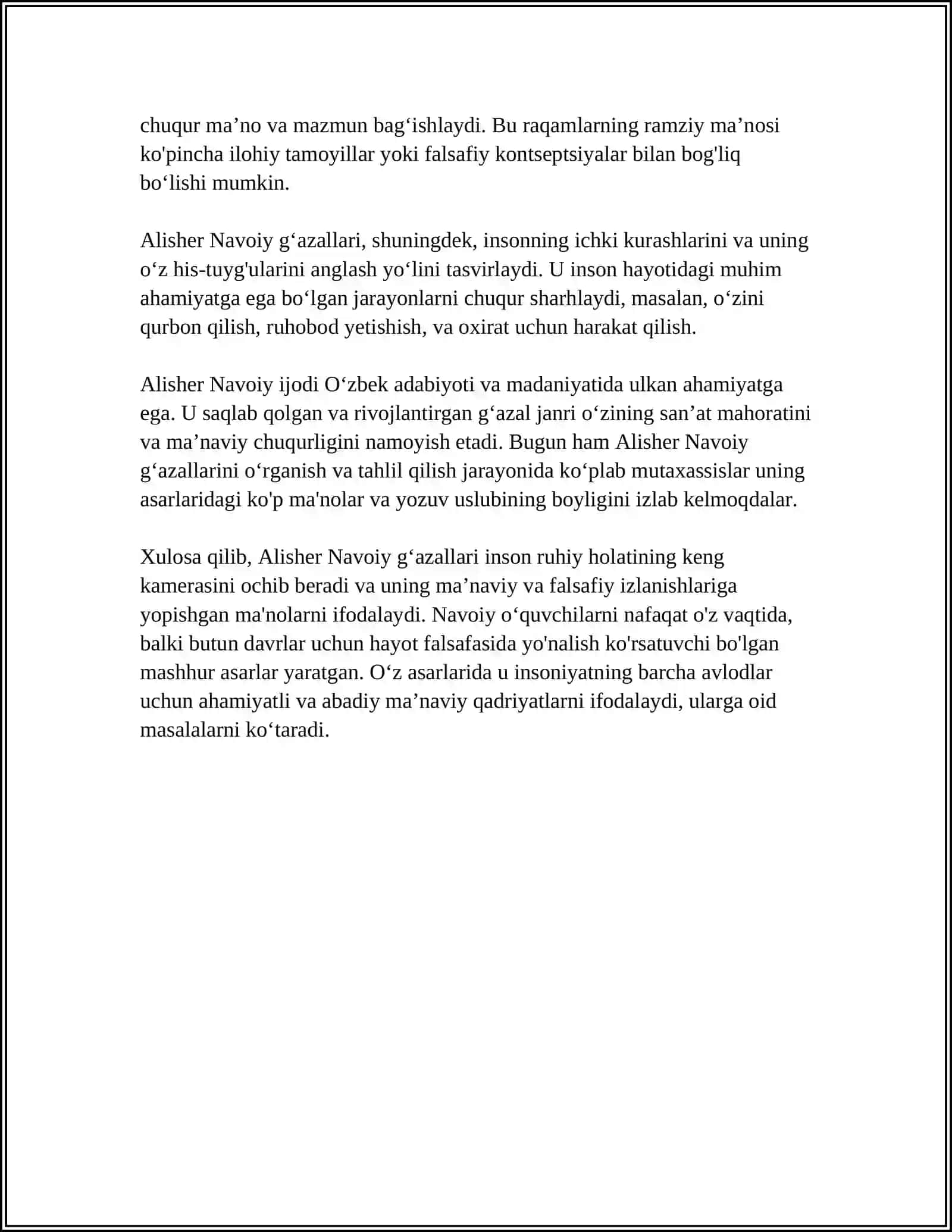 MUSTAQIL ISH Mavzu: OʻZBEK MUMTOZ SHE'RIYATI MILLIY G'AZALCHILIK, SHE'RIYATNING BOY TAJRIBALARI ZAMINIDA SHAKLLANISHI ALISHER NAVOIY G'AZALLARI TIMSOLIDA YUQORI BOSQICHGA KOʻTARILISHI 4