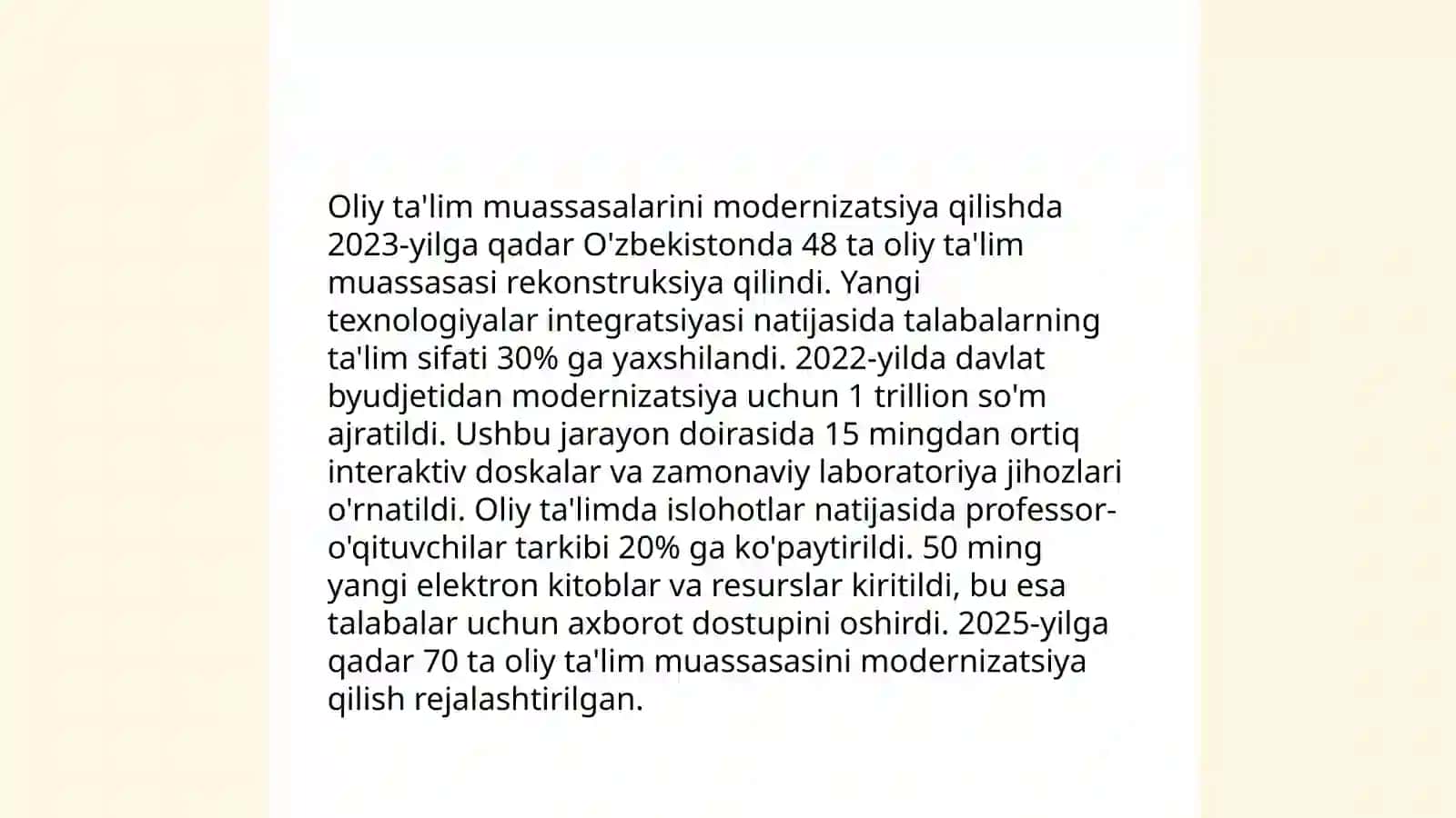 Ta'lim sohasida amalga oshirilgan islohatlar 4