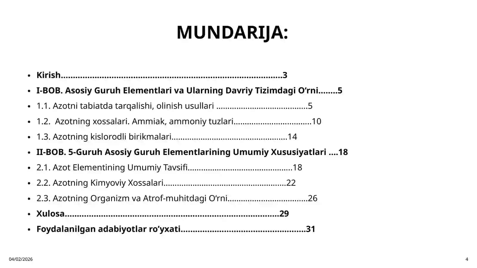5 guruh asosiy guruh elementlari umumiy tavsifi. Azot va uning xossalari 4