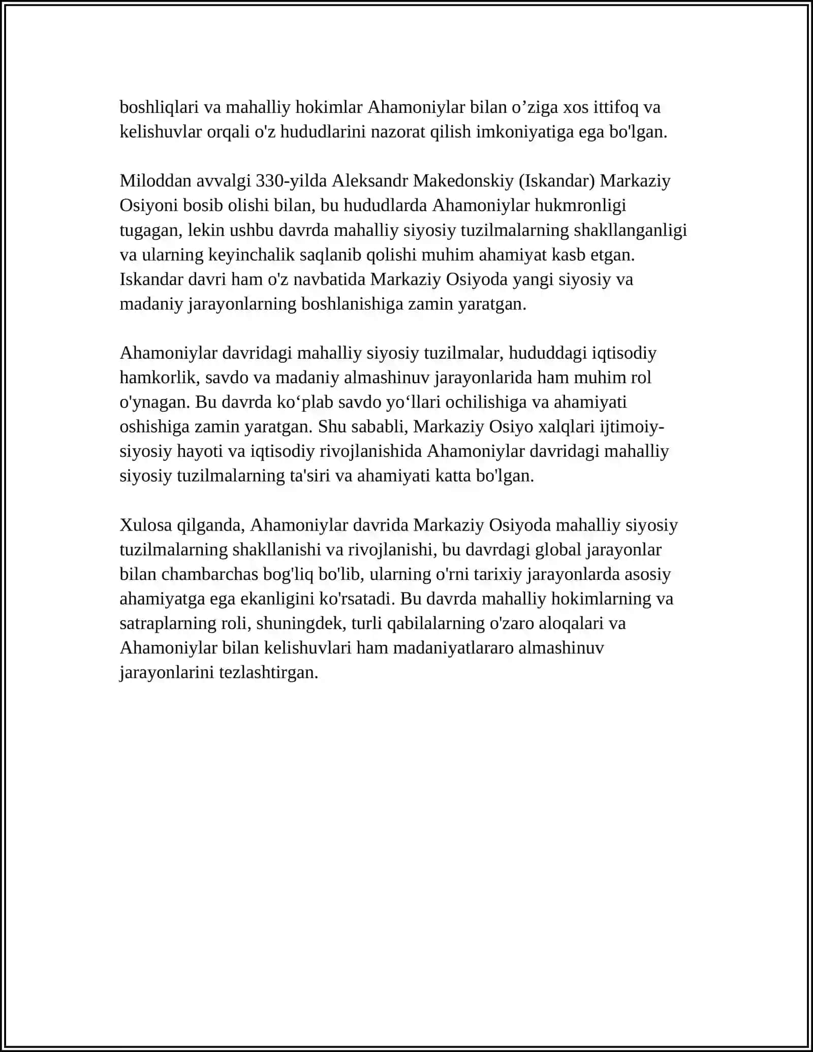 AHMONIYLAR HUKMRONLIGI VA MAKEDONIYALIK ISKANDAR BOSQINI DAVRIDA OʻRTA OSIYO XALQLARINING IJTIMOIY - SIYOSIY HAYOTI 4