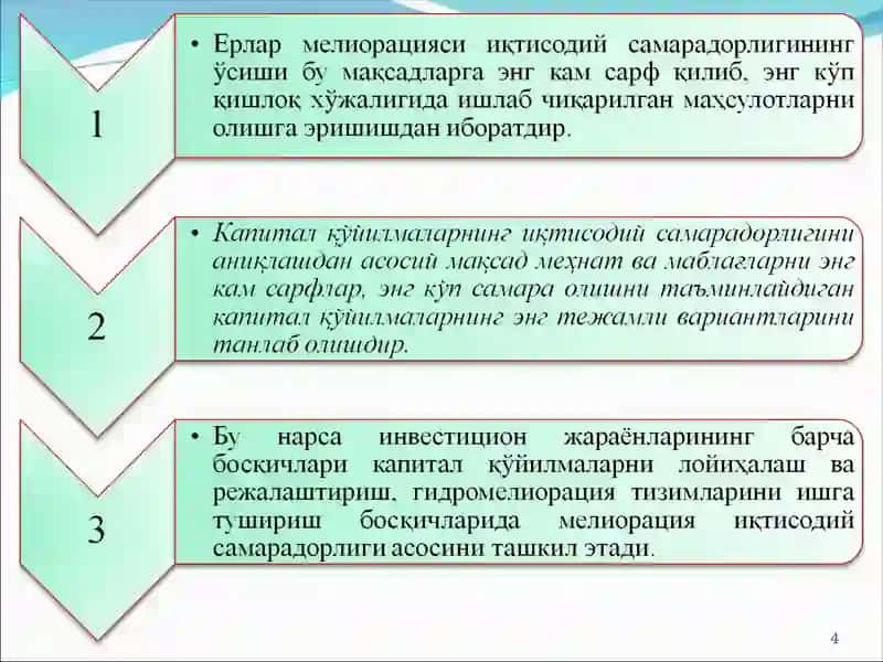 СУВ ХЎЖАЛИГИ ВА МЕЛИОРАЦИЯ ТАДБИРЛАРИГА КАПИТАЛ ҚЎЙИЛМАЛАР ИҚТИСОДИЙ САМАРАДОРЛИГИ 4