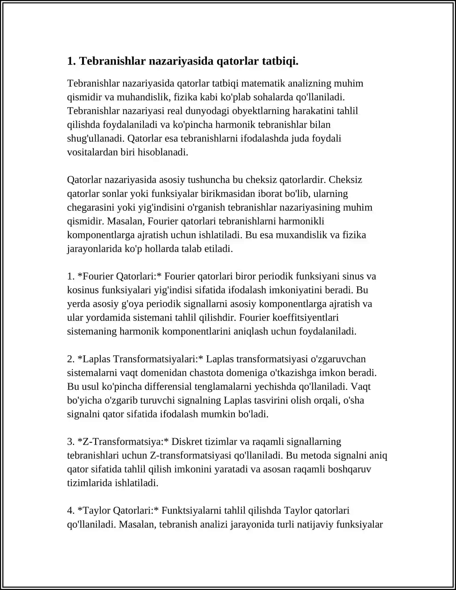 TEBRANISHLAR VA TO'LQINLAR KABI FIZIK JARAYONLARGA QATORLARNING 27 TATBIQLARI 4