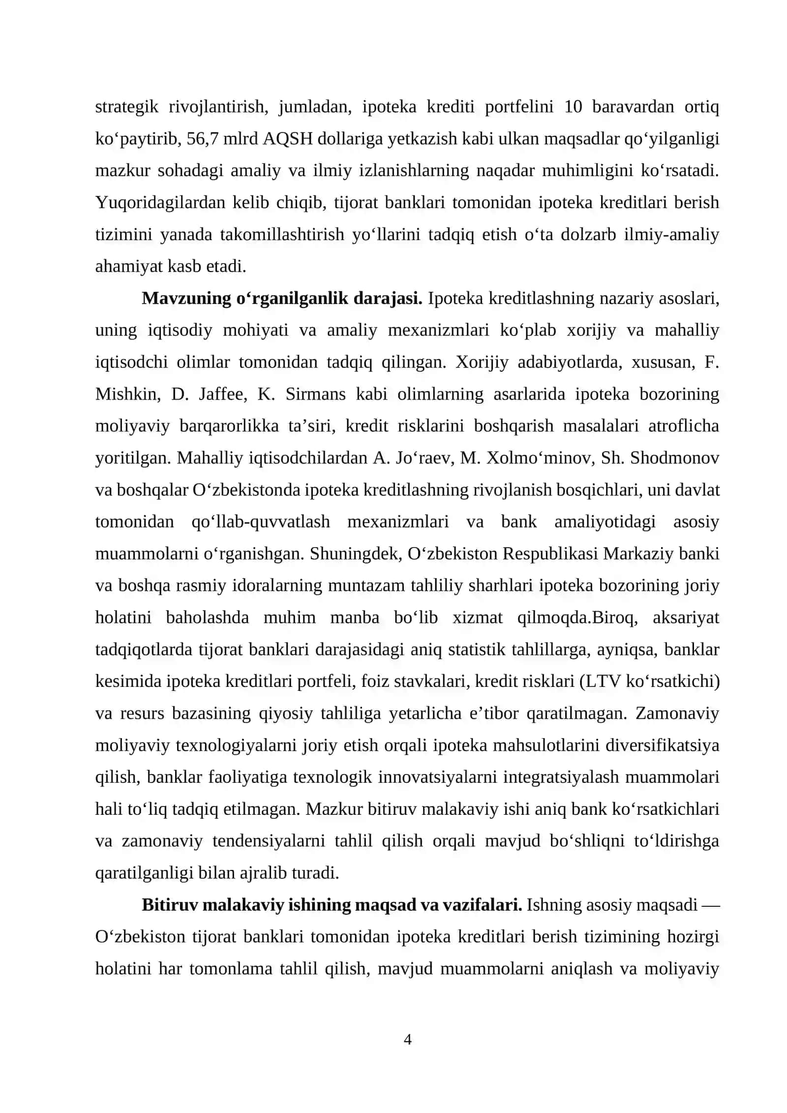 IPOTEKA KREDITLARI BERISH TIZIMINI YANADA TAKOMILLASHTIRISH.BMI 4
