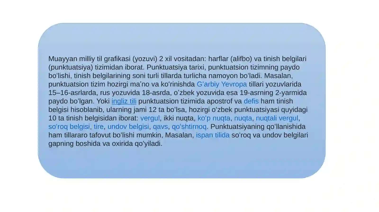 O’ZBEK TILINING TINISH BELGILARI, ULARNI MATNDA QO’LLASH HAQIDA TUSHUNCHA 4
