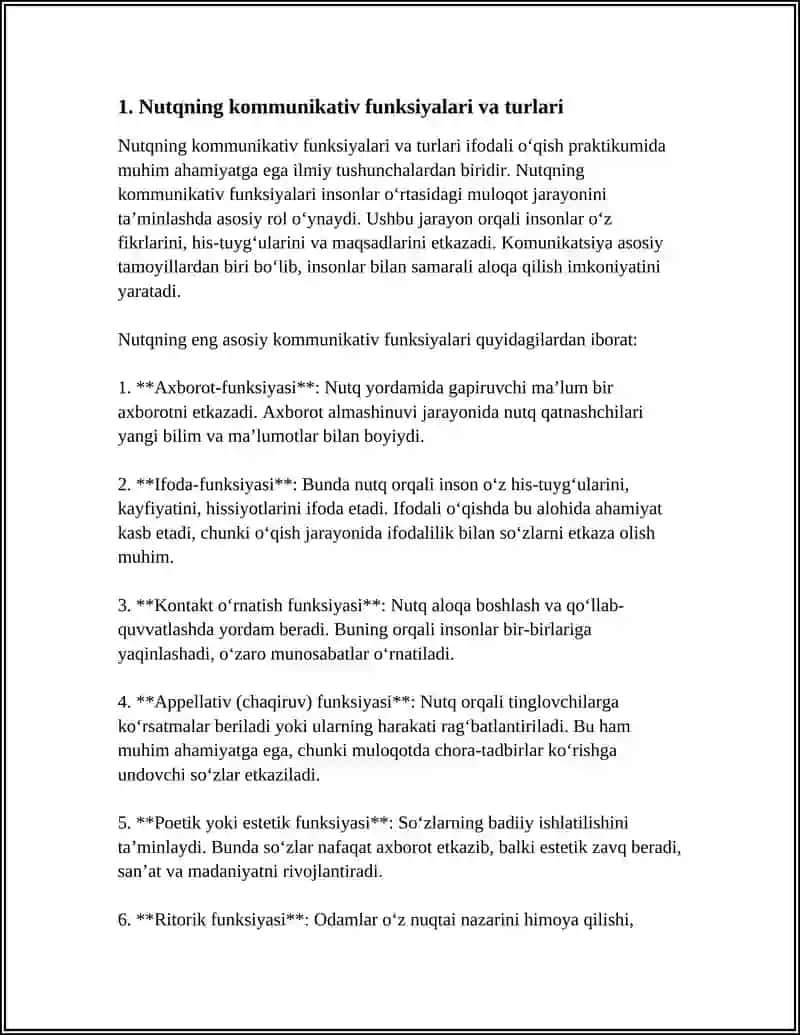 IFODALI O'QISH PRAKTIKUMI FANIDA QO'LLANILADIGAN ASOSIY ILMIY TUSHUNCHALAR:NUTQINING KOMMUNIKATIV SIFATLARI, TEXNIKASI, IFODALI O'QISH VOSITALAR 4