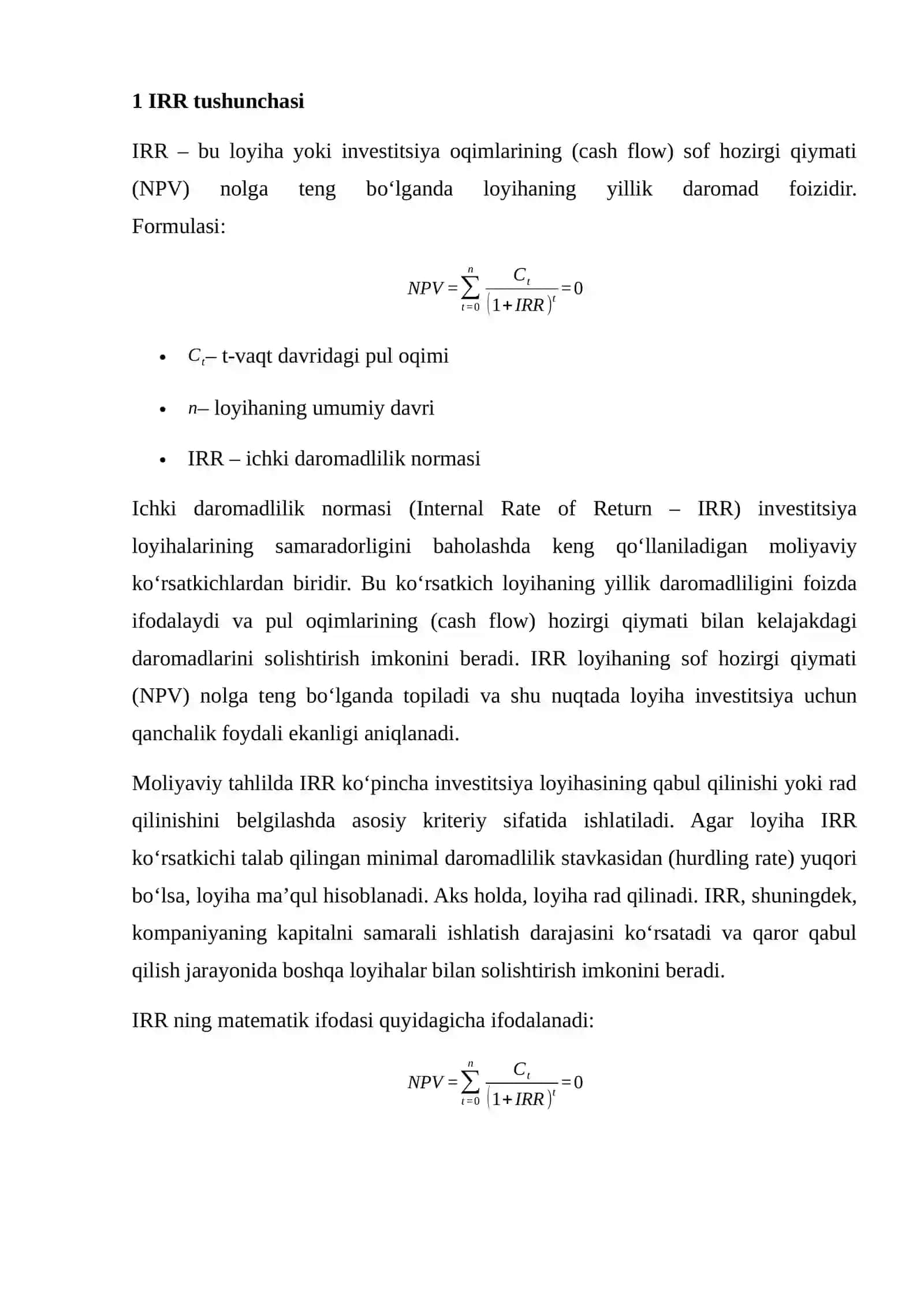 Ichki daromadlilik normasi (IRR) usuli 4