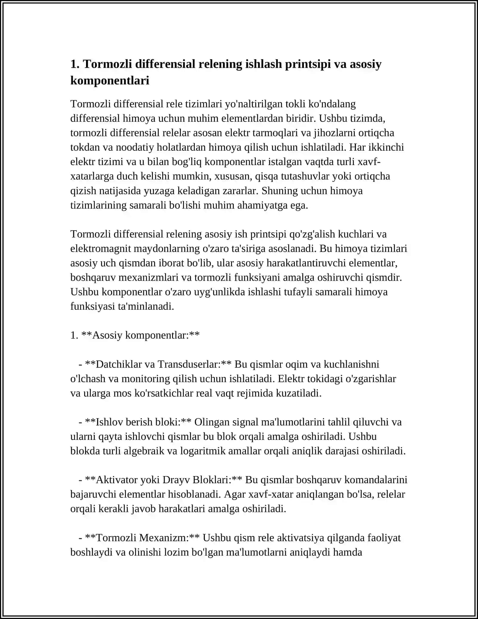 TORMOZLI DIFFERENSIAL RELE. YO'NALTIRILGAN TOKLI KO'NDALANG DIFFERENSIAL HIMOYANI BAHOLASH 4