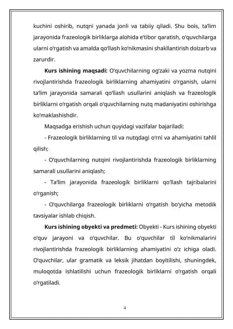 "O‘quvchilar nutqini o‘stirishda frazeologik birliklardan foydalanish" mavzusidagi KURS ISHI 4
