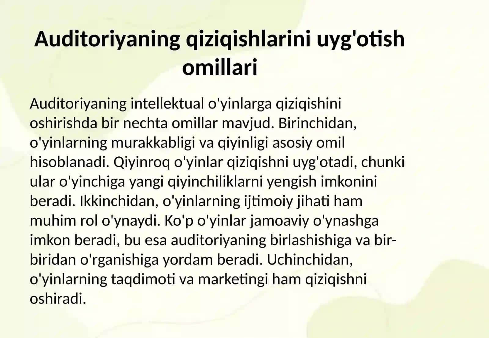 Intelektual o'yinlarda auditoriyaning qiziqishlari, intellektual faolligini oshishi 4