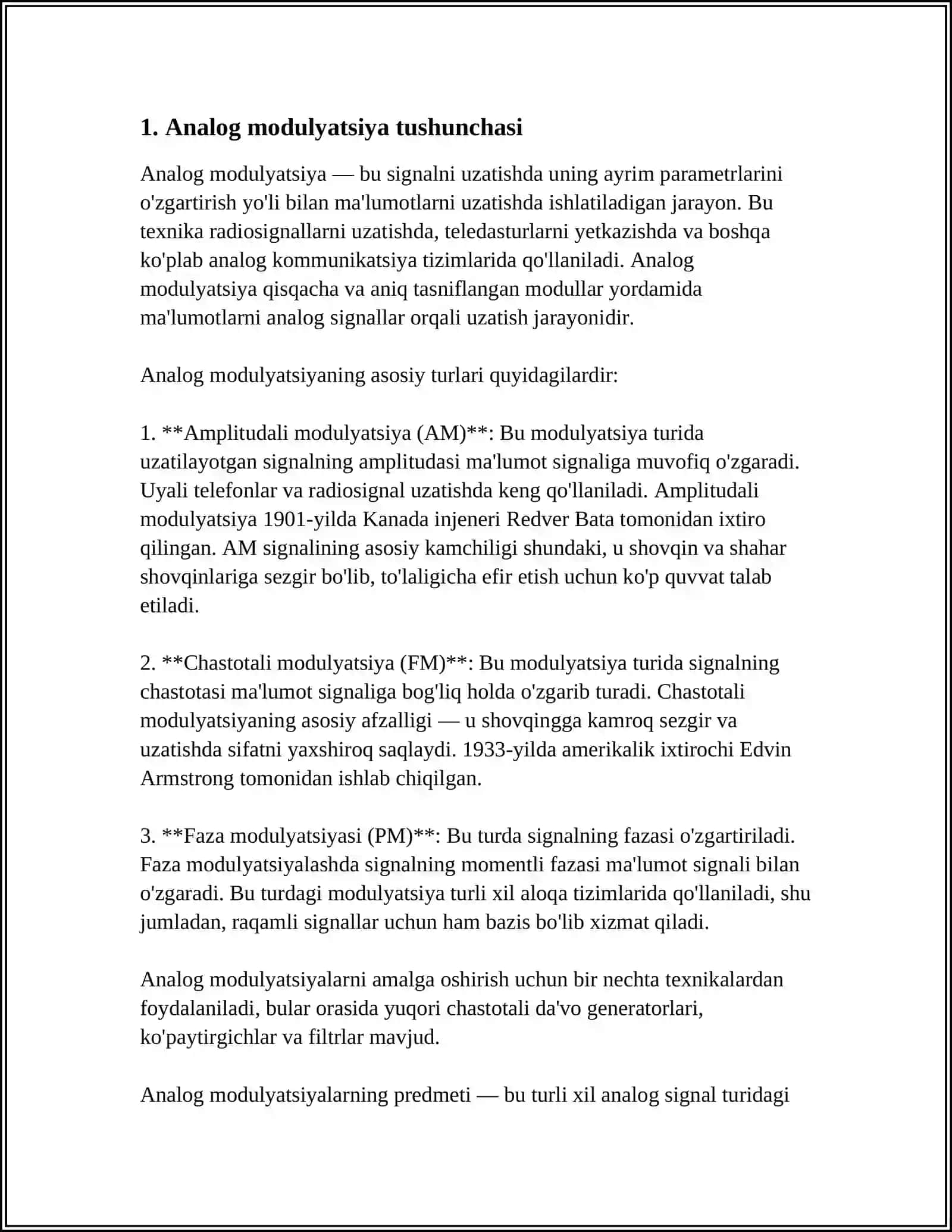 ANALOG MODULYATSIYALASH TURLARI, ULAMING O‘ZGA XOS XUSUSIYATLARI 4