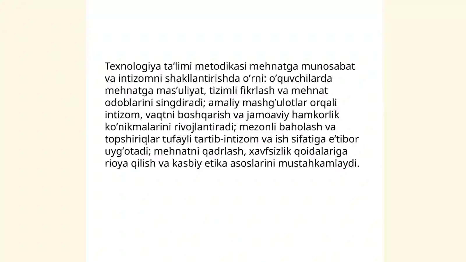 Texnologiya taʼlimi metodikasi fanining tarbiyadagi oʼrni nimalardan iboratligini aniqlash 4