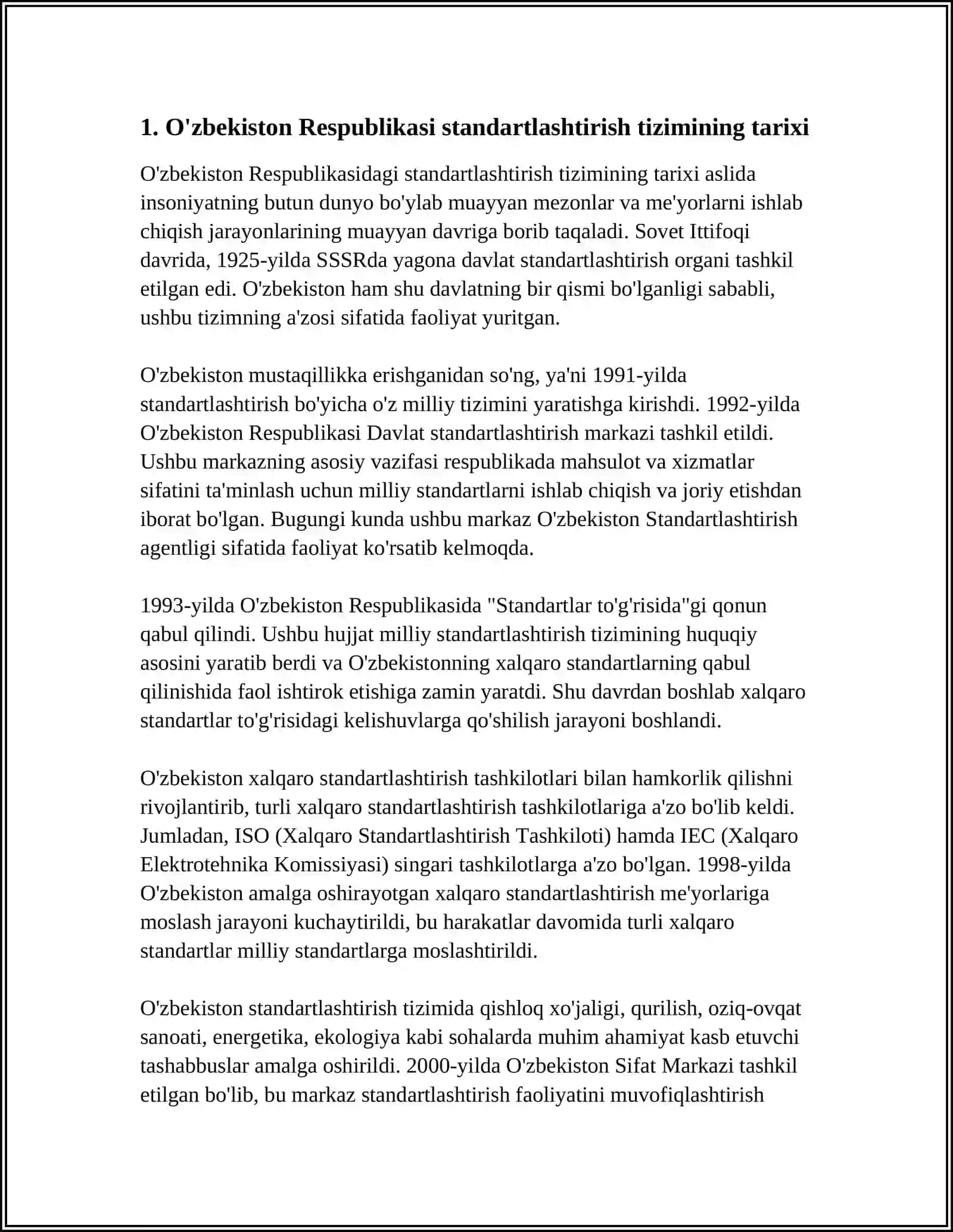 O'ZBEKISTON RESPUBLIKASI STANDARTLASHTIRISH DAVLAT TIZIMI, TUZILISHI VA UNING MOHIYATI. XALQARO STANDARTLASHTIRISH (TAQDIMOT) 4
