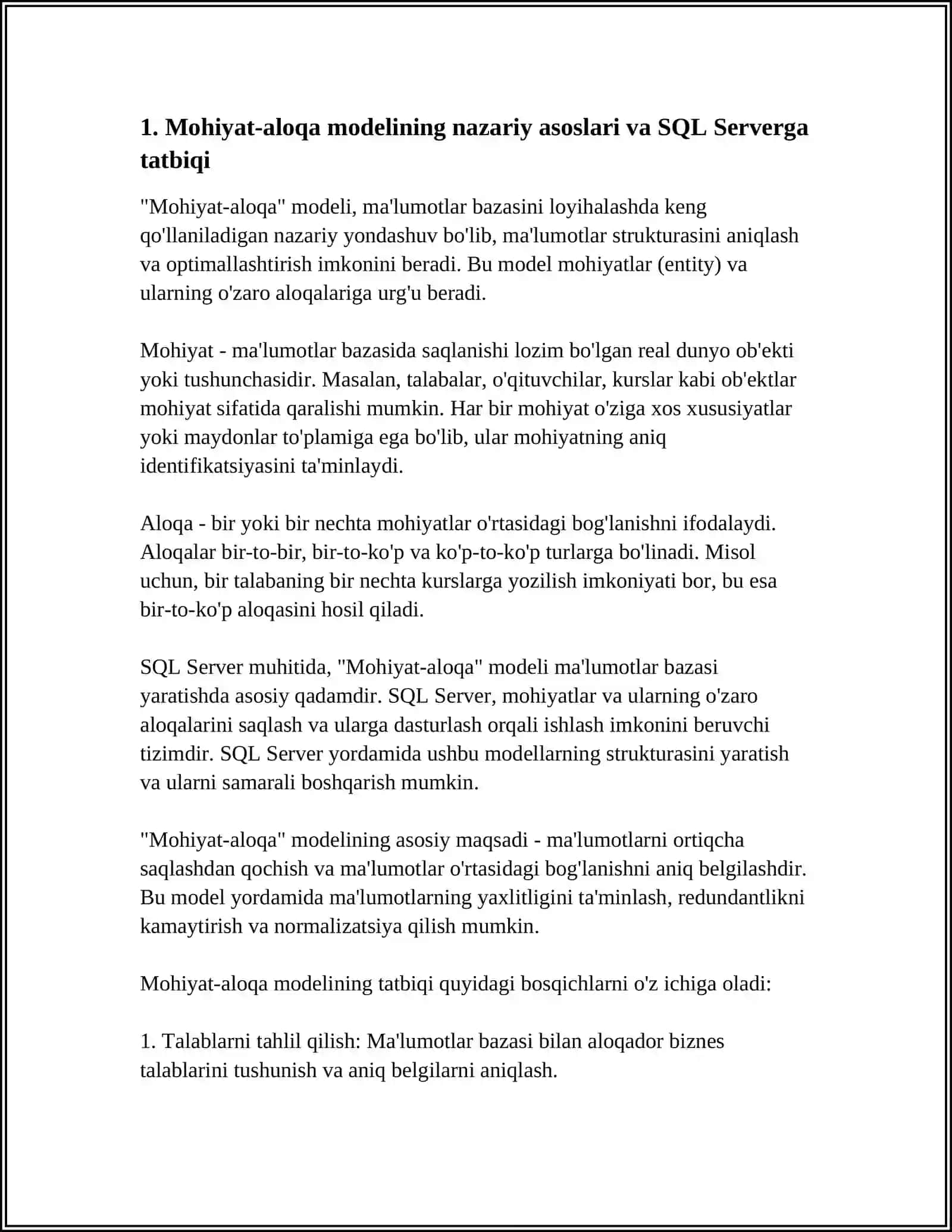 SQL SERVER MUHITIDA “MOHIYAT ALOQA” MODELI ASOSIDA MA’LUMOTLAR BAZASINIYARATISH 4