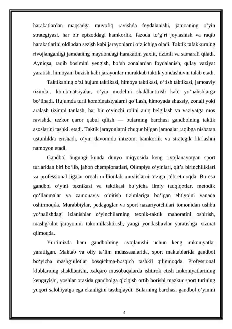 Gandbol o'yini texnikasi va taktikasi tasnifi 4