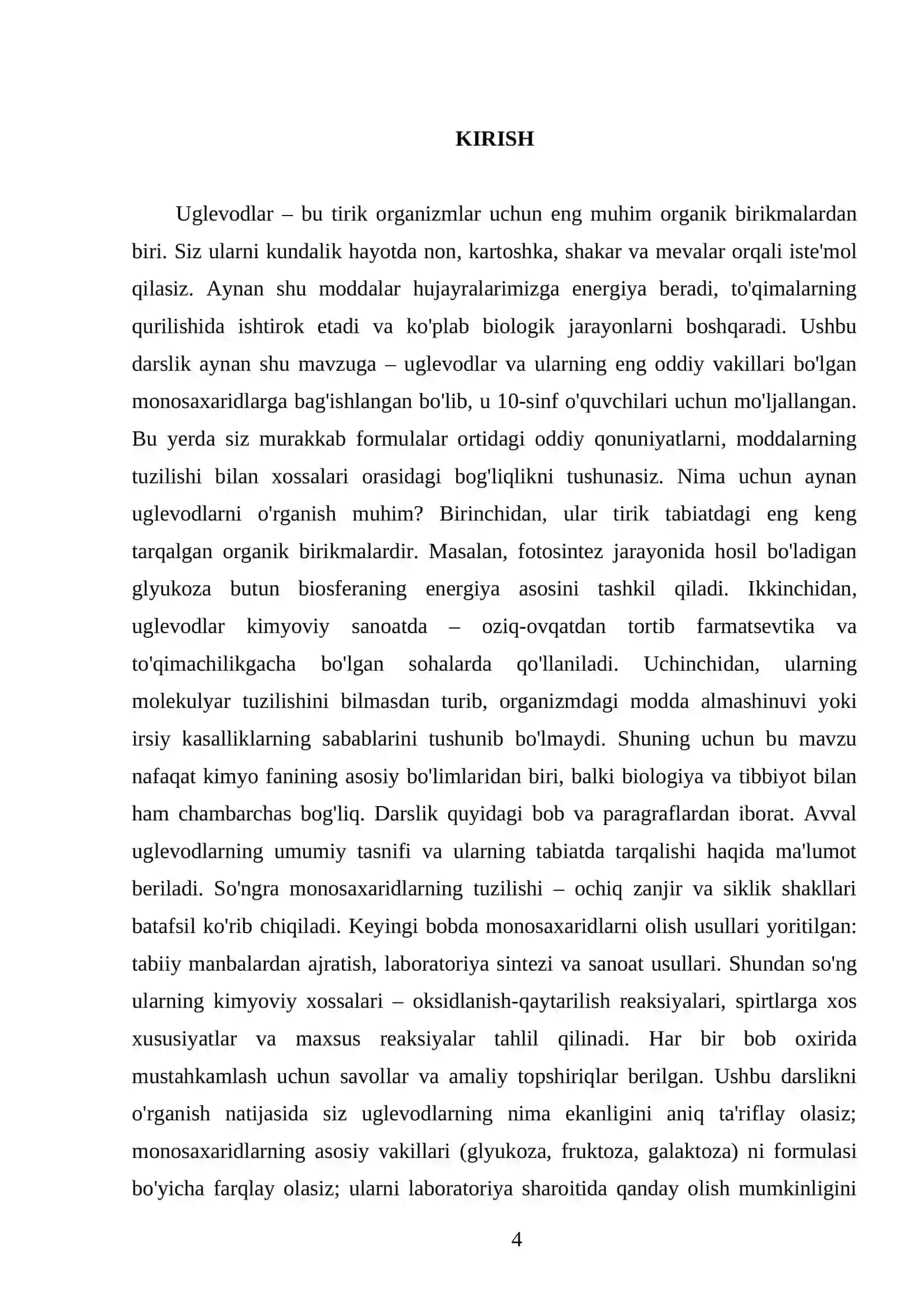 UGLEVODLAR. MONOSAXARIDLAR. OLINISHI VA XOSSALARI. 10 - SINF 4