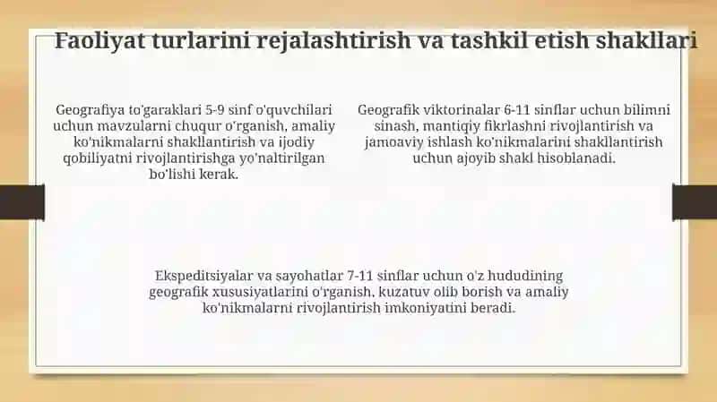 Geografiya ta'limida sinfdan tashqari ishlarni tashkil etish metodikasi 4