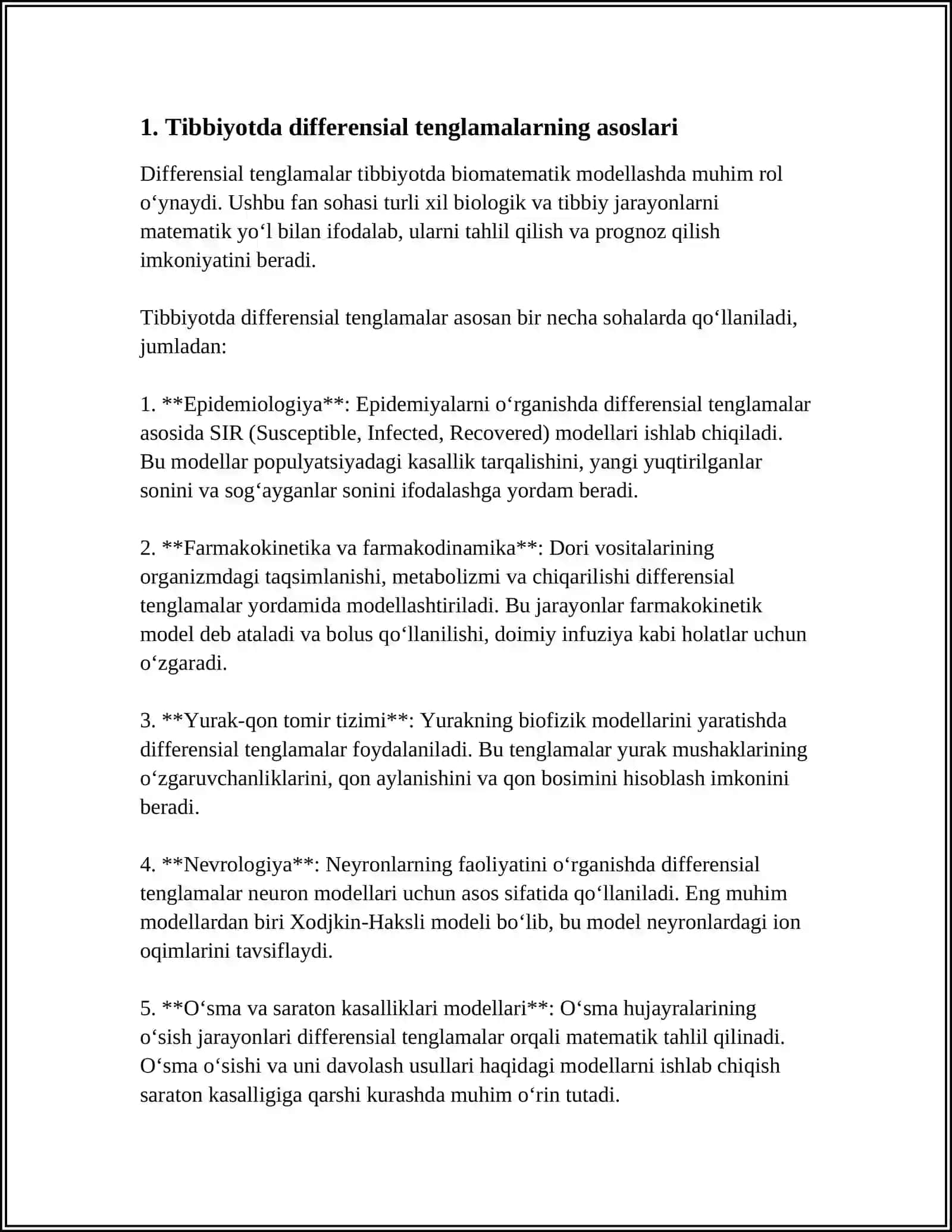 TIBBIY-BIOLOGIK MAZMUNDAGI DIFFERENSIAL TENGLAMALARNI TUZISH VA YECHISH 4