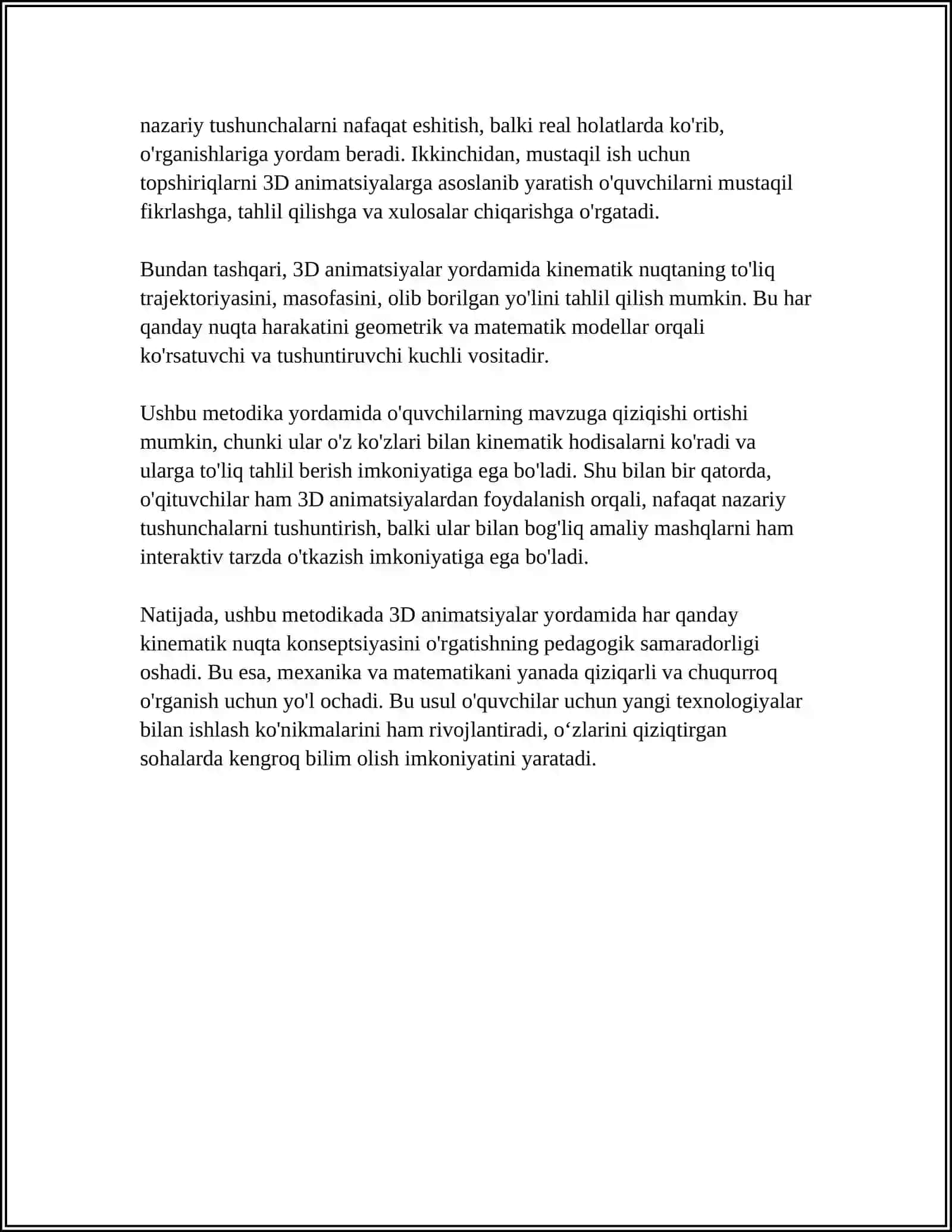 NUQTA VA QATTIQ JISM KINEMATIKASINI OʻRGATISHDA 3D ANIMATSIYALARNING PEDAGOGIK SAMARADORLIGI 4