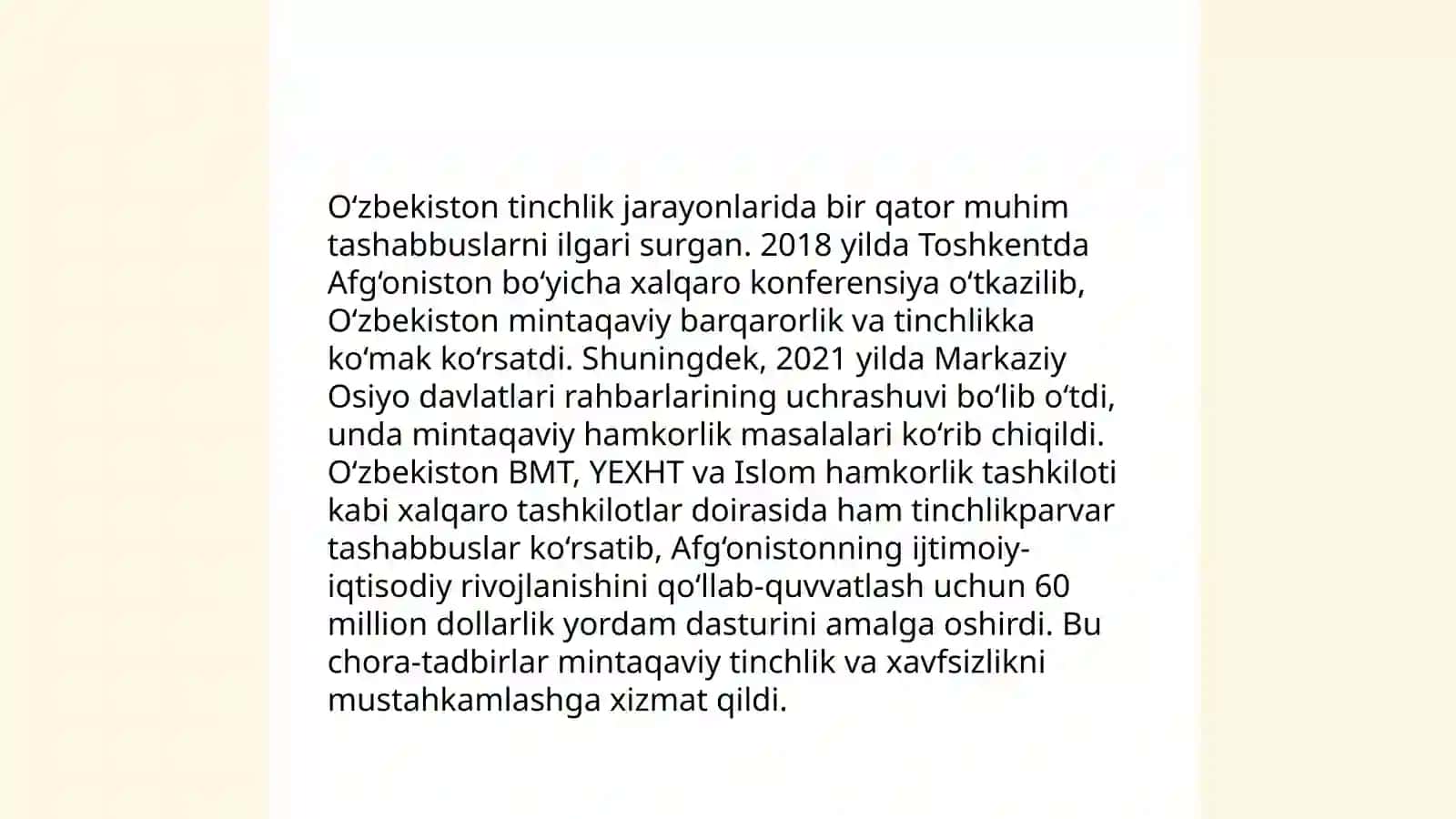 O'zbekistonning Markaziy Osiyoda tinchlik va barqarorlikni ta’minlashdagi o'rni 4