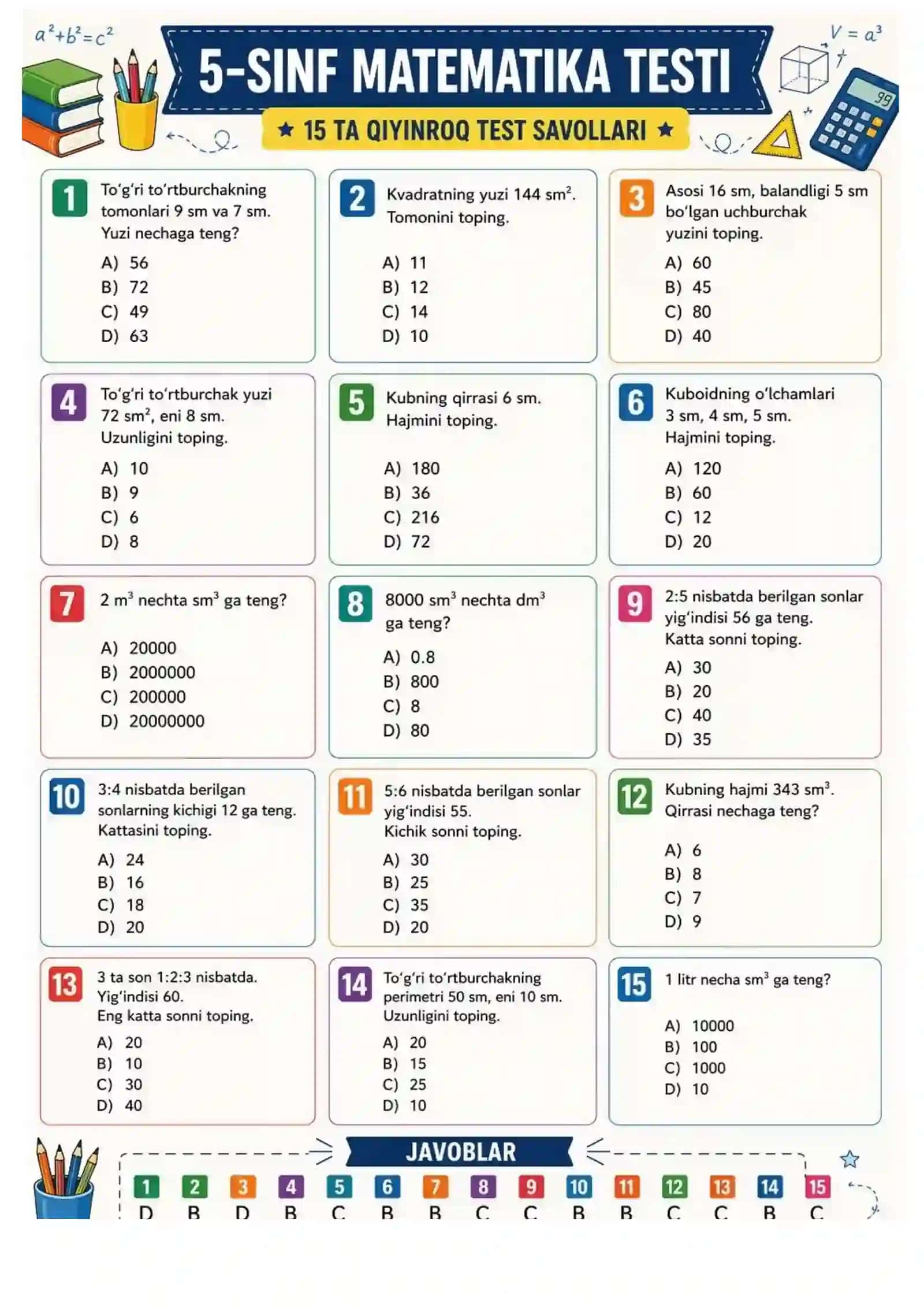 5- sinflar uchun Aha matematika kitobidan 1-2-3-4 - choraklar uchun testlar 4