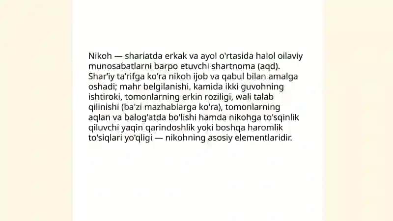 Islom huquqshunosligida oila, nikoh,taloq,idda,zihor tushunchalarini taʼriflash 4