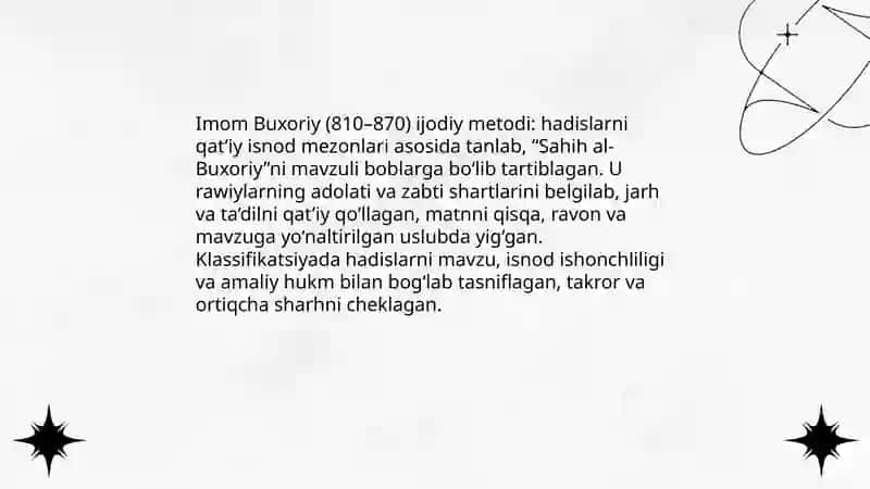 Imom Buxoriy va Imom Termiziyning hadis ilmiga qo’shgan hissalarini qiyosiy tahlili 4