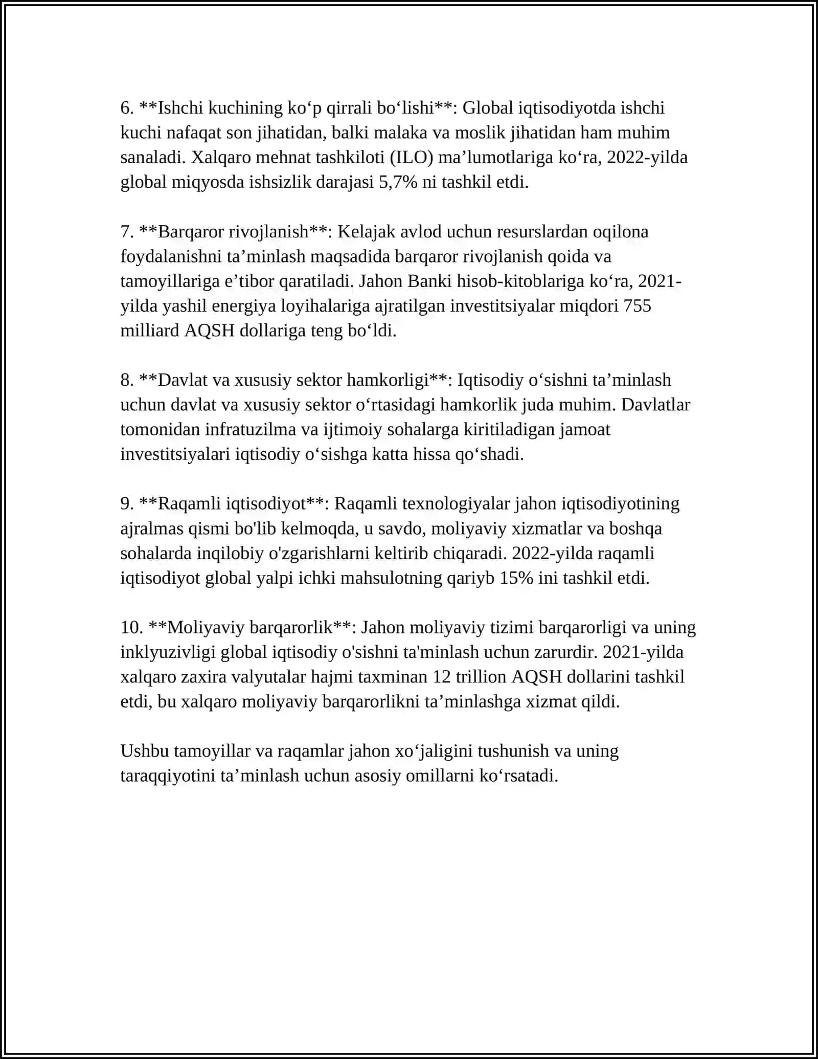 JAHON XOʻJALIGI RIVOJINING ASOSIY TAMOYILLARI VA UNING BAYNALMINALLASHUVI 4