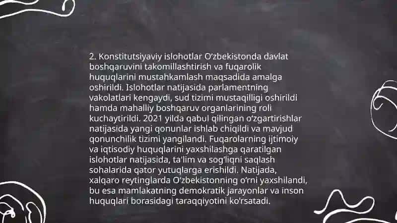 Oʻzbekistonda huquqiy siyosiy islohotlarning amalga oshirilishi,demokratik jamiyatni shakllantirish yo'lidagi islohotlar 4