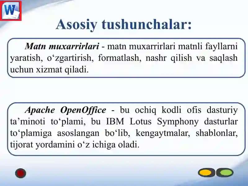 Matn muharrirlari, ularning vazifasi va imkoniyatlari, matnli axborotlarni qayta ishlash texnologiyalari 4