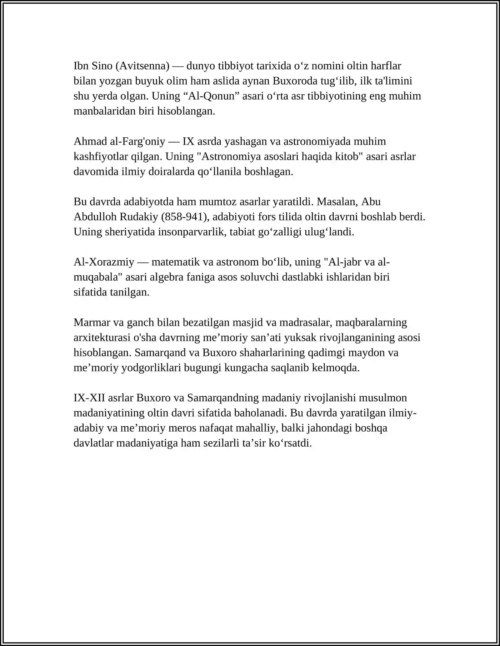 IX-XII ASRLARDA MAMLAKATIMIZ HUDUDLARIDA ROʻY BERGAN MADANIY UYGʻONISH(RENESSANS). BUYUK ALLOMALARNING JAHON SVILIZATSIYASIGA QO'SHGAN XISSASI 4