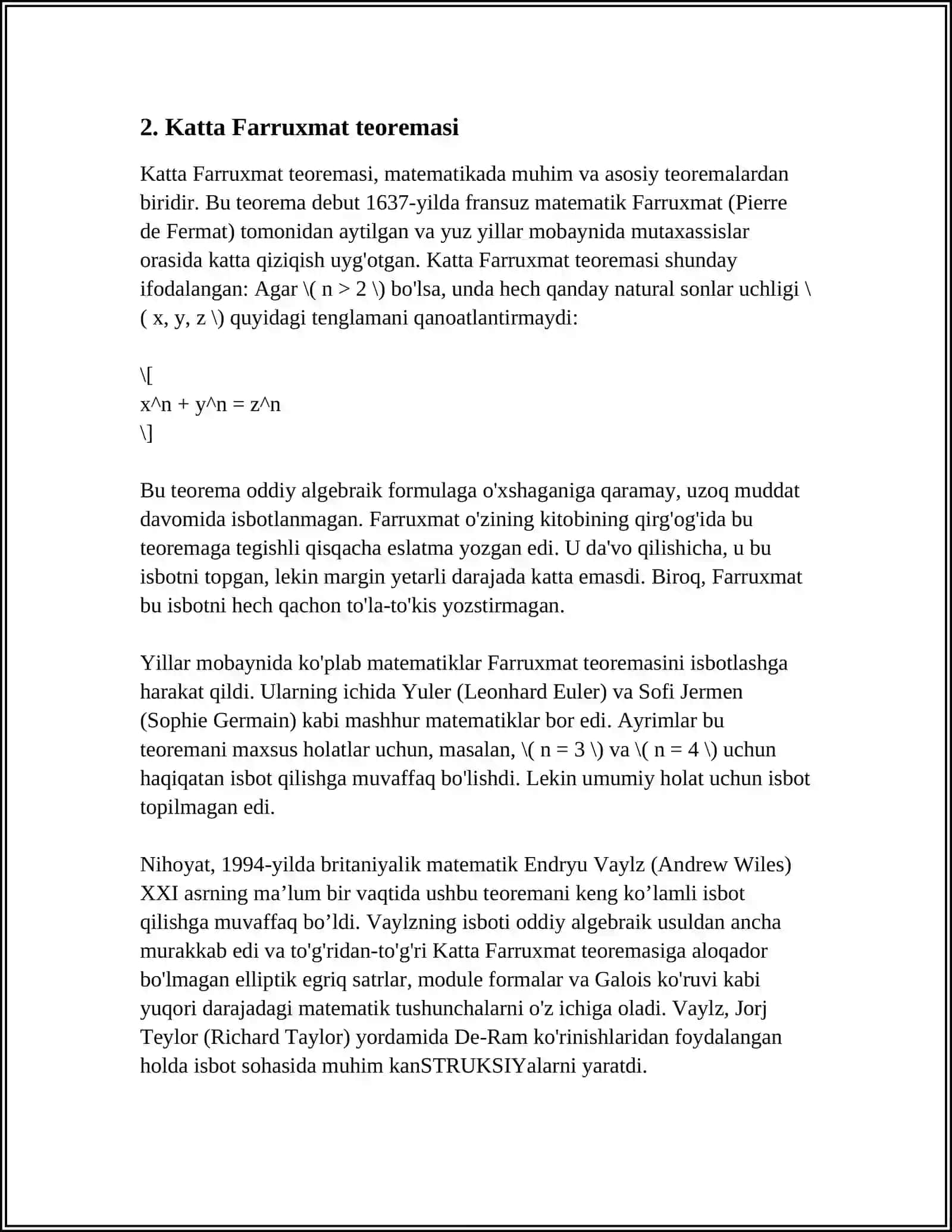 BUYUK OLIMLAR TAQDIQOTLARIDA MATEMATIKA: FERMA 4