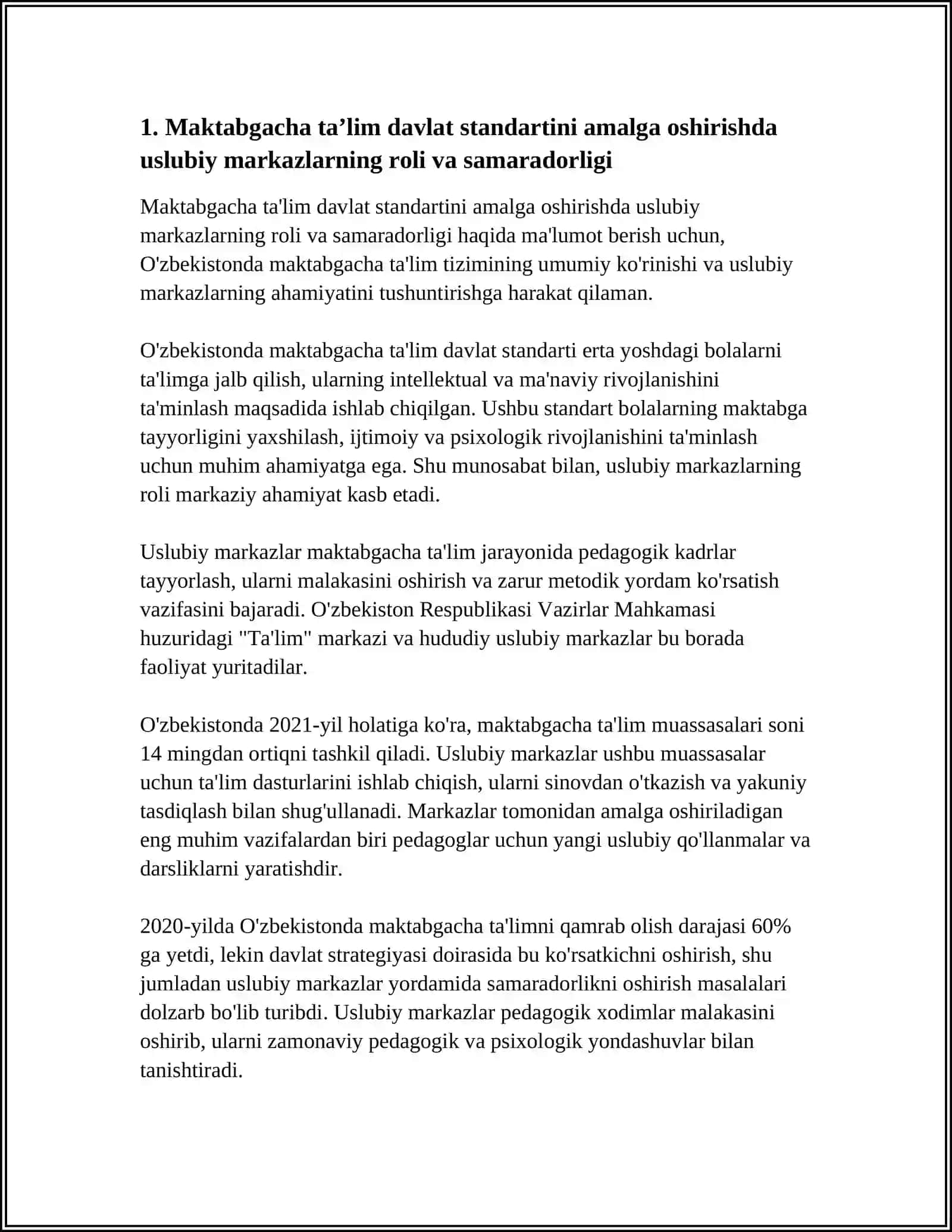 MAKTABGACHA TAʼLIMDA MARKAZLAR FAOLIYATI VA USULIBIYATI FANI DOYIRASIDA MAKTABGACHA TAʼLIM VA TARBIYANING DAVLAT STANDARTINI BAJARISHINI TAMINLASH 4