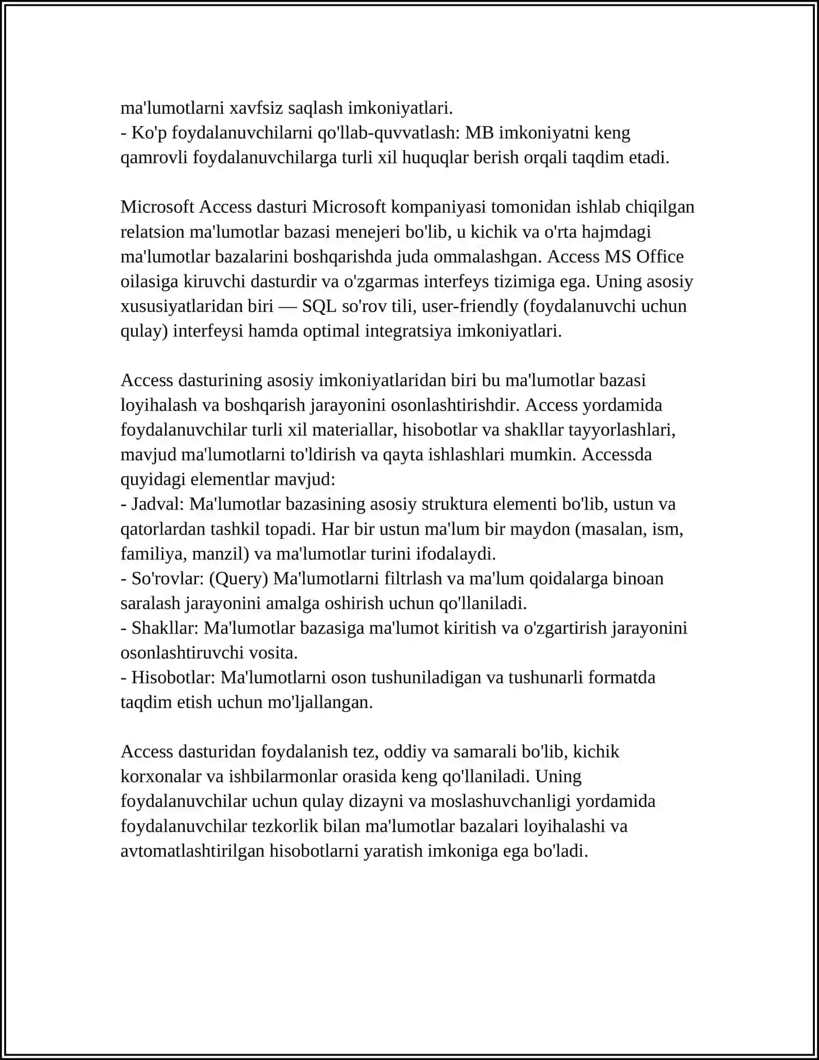 MBBT ACCESS DASTURIDA SO'ROV VA HISOBOTLAR TAYYORLASH. MBBT ACCESS DASTURIDA TURLI XIL JADVAL STRUKTURALARINI YARATISH 4