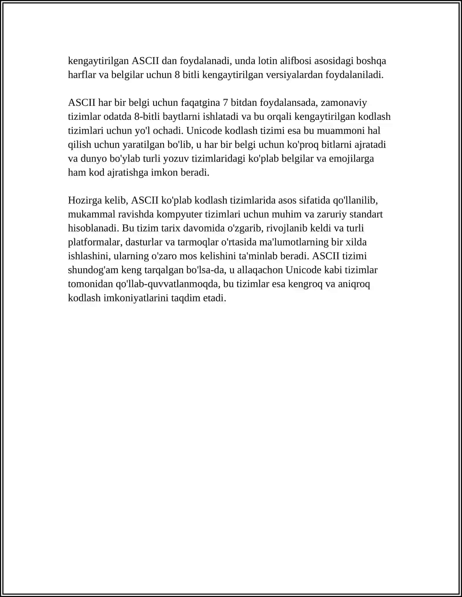 MATNLI AXBOROTLARNI KODLASH.ASCII VA UNICODE KODLASH TIZIMLARI 4
