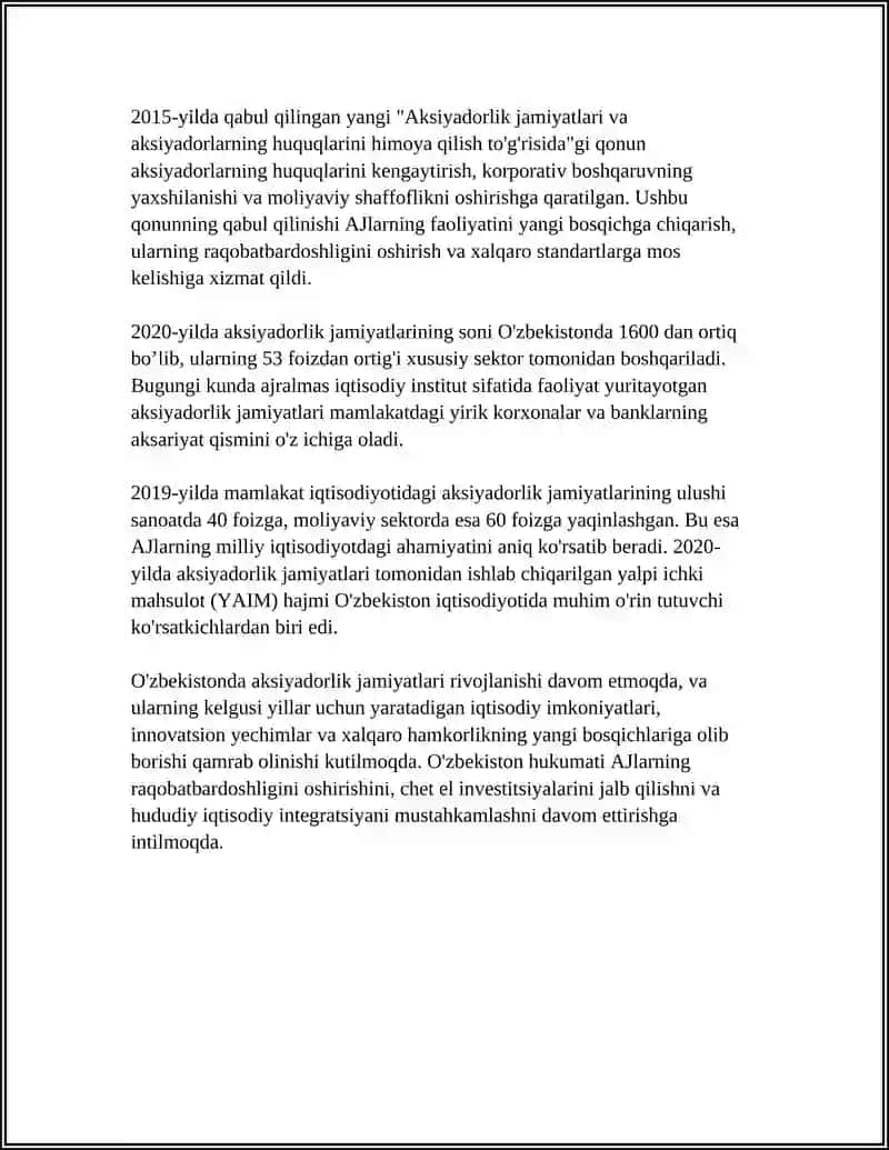 O'ZBEKISTON IQTISODIYOTIDA AKSIYADOR KORXONALARNING O'RNI 4