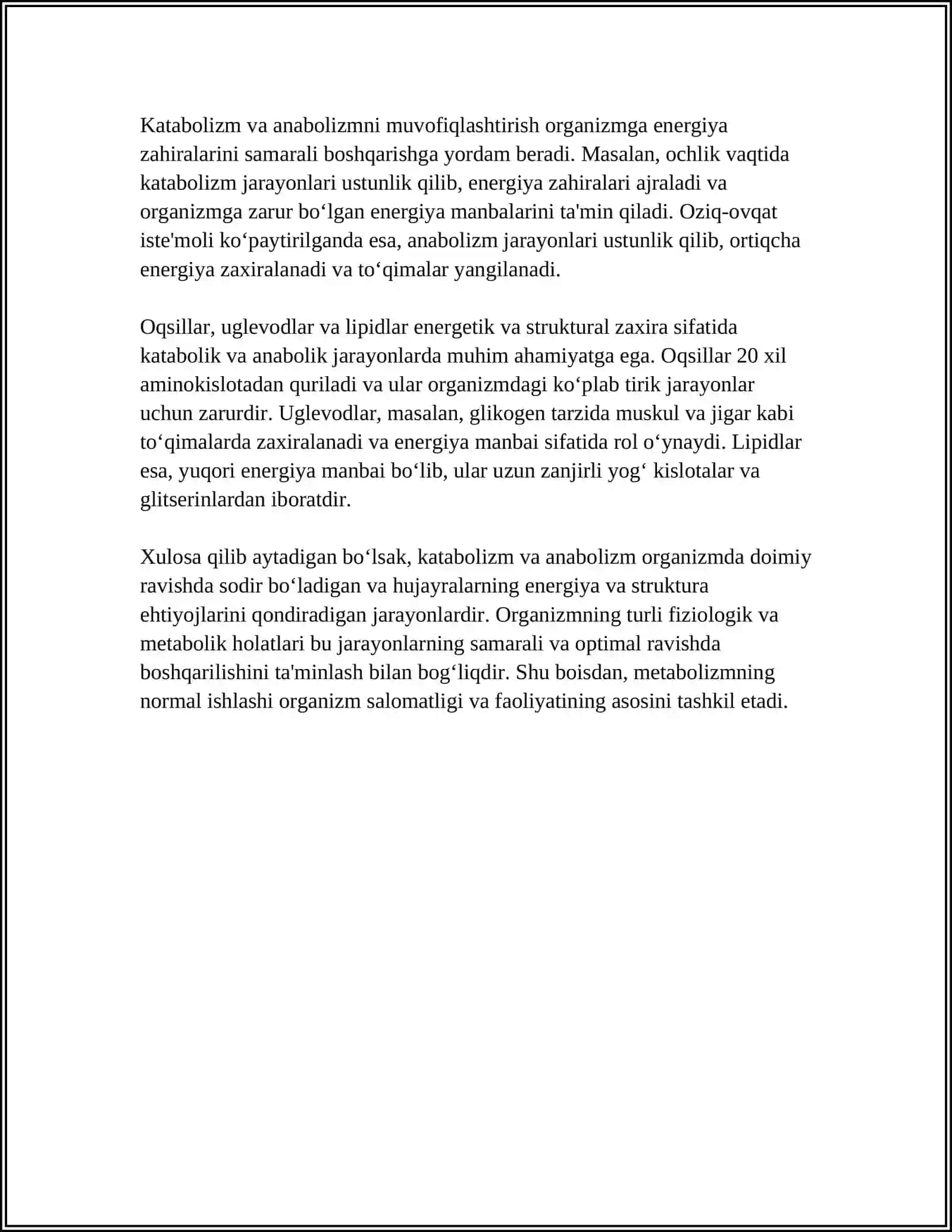 KATABALIZM VA ANABALIZM.UNING NORMAL VA POTOLOGIK HOLATLARDAGI ÕZGARISHLARI 4