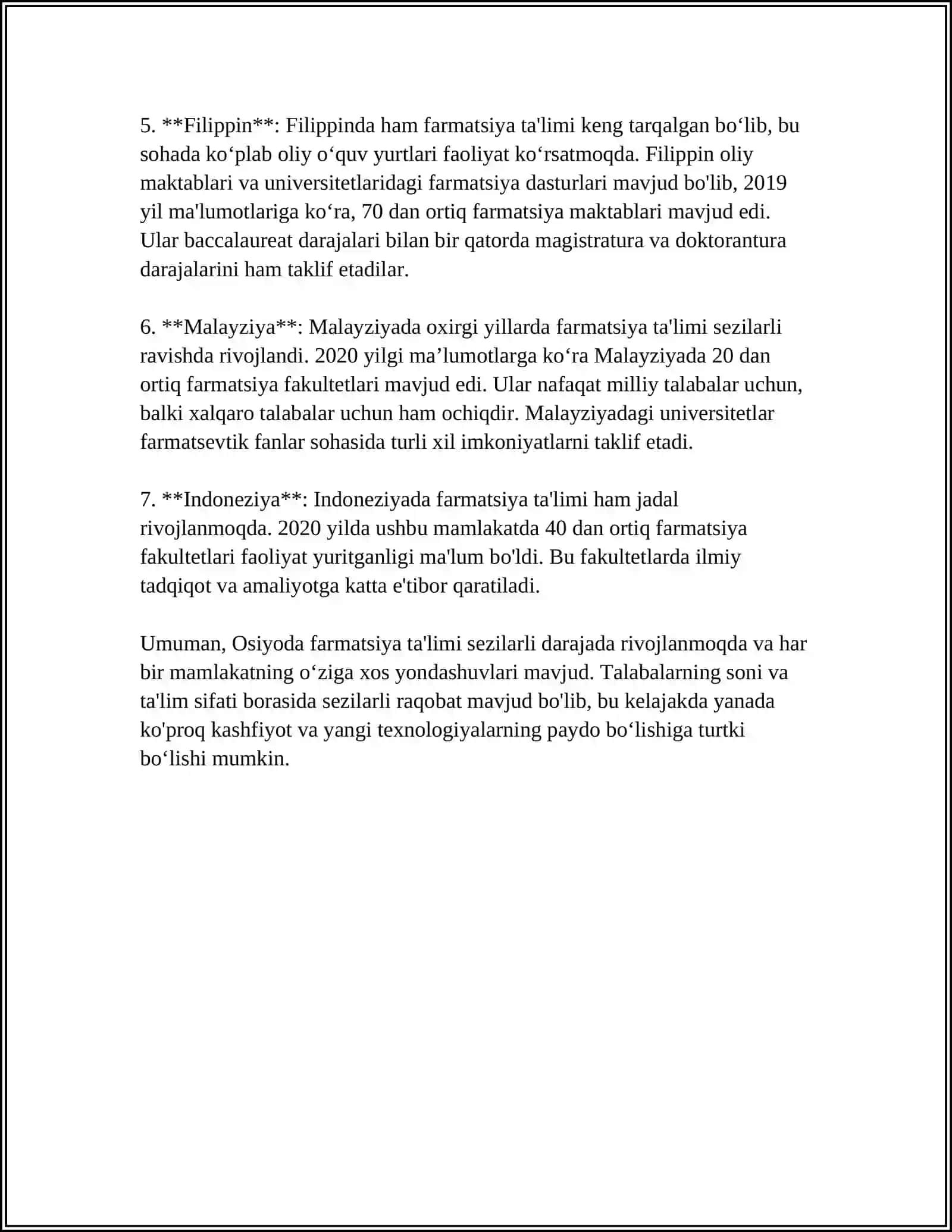 OSIYO MAMLAKATLARIDA FARMATSIYANI RIVOJLANISH O'ZIGA HOSLIGI 4
